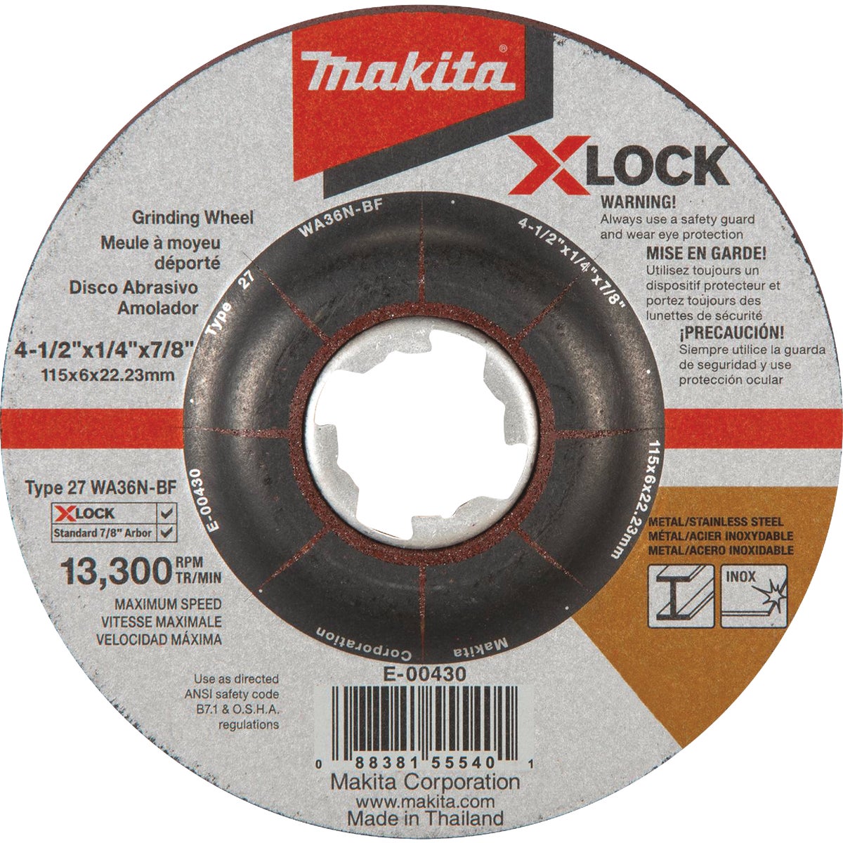 Makita X-LOCK Type 27 4-1/2 In. x 1/4 In. x 7/8 In. Metal/Stainless Grinding Cut-Off Wheel