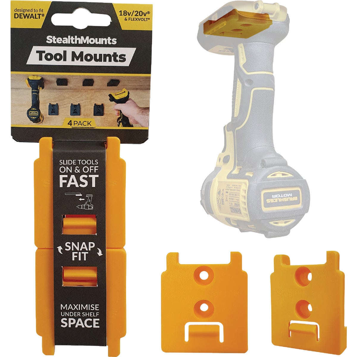 StealthMounts DeWalt 20v/60v Yellow Tool Mounts (4 pack)