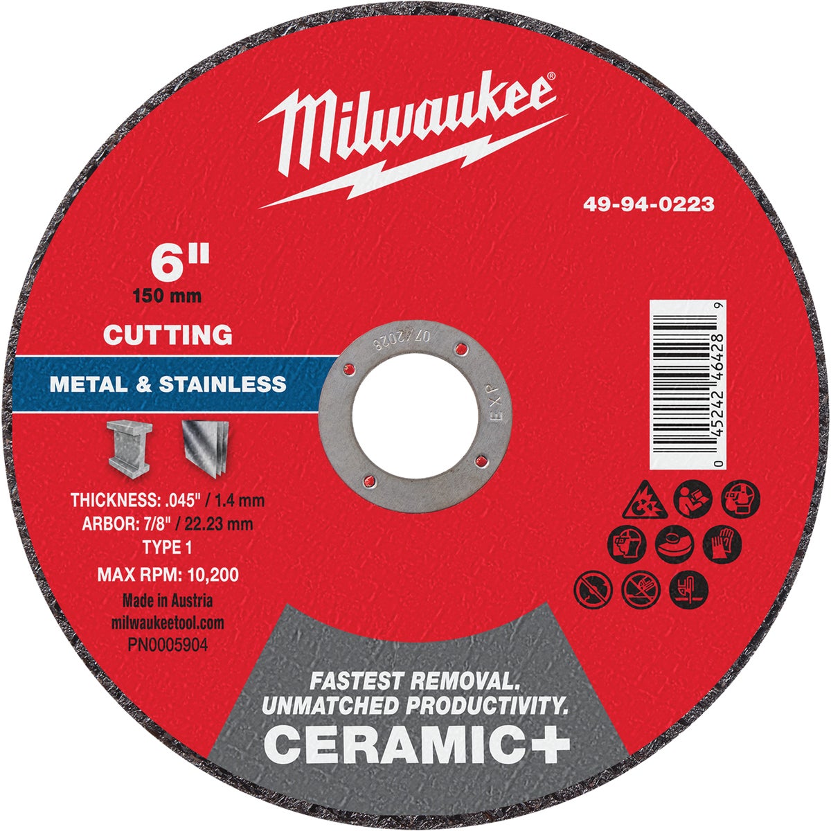 Milwaukee Type 1 6 In. x .045 In. x 7/8 In. Ceramic-Plus Metal Cut-Off Wheel