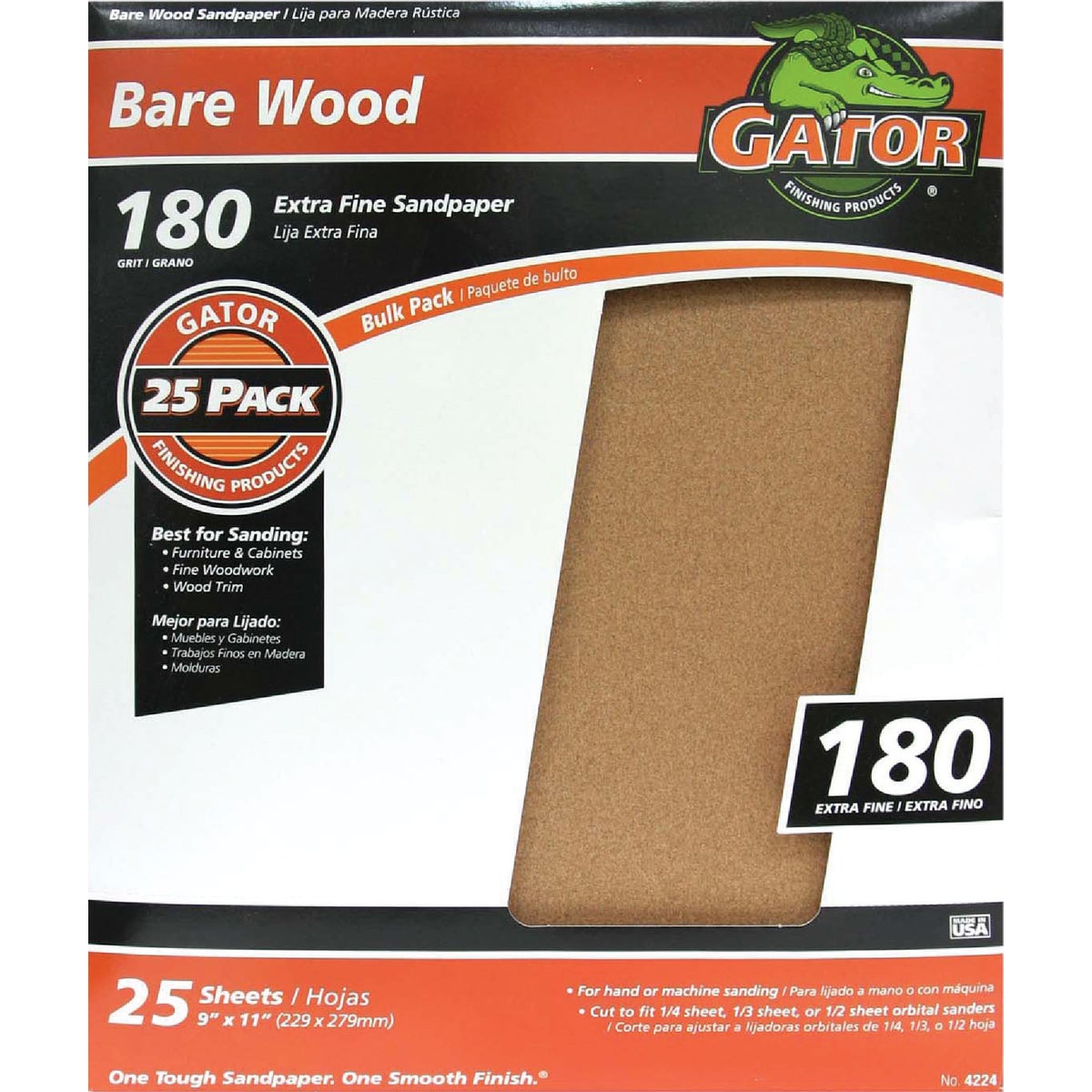 Gator Bare Wood 9 In. x 11 In. 180 Grit Extra Fine Sandpaper (25-Pack)