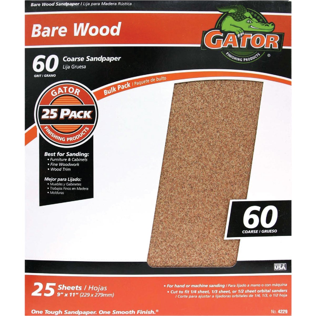 Gator Bare Wood 9 In. x 11 In. 60 Grit Coarse Sandpaper (25-Pack)