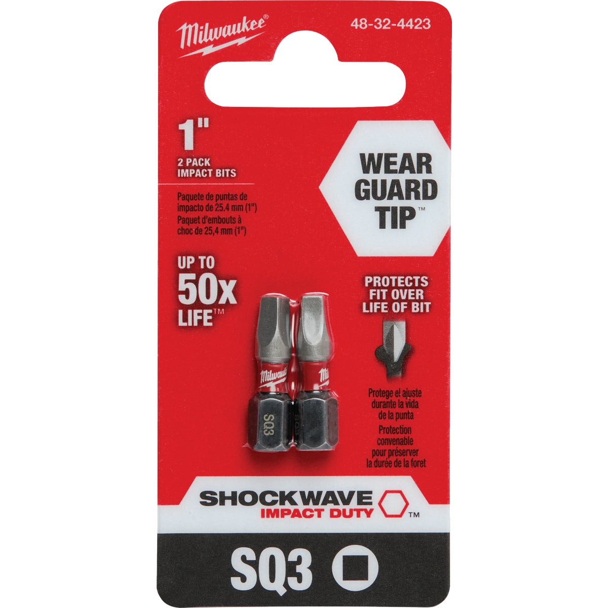 Milwaukee SHOCKWAVE #3 Square Recess 1 In. Insert Impact Screwdriver Bit (2-Pack)
