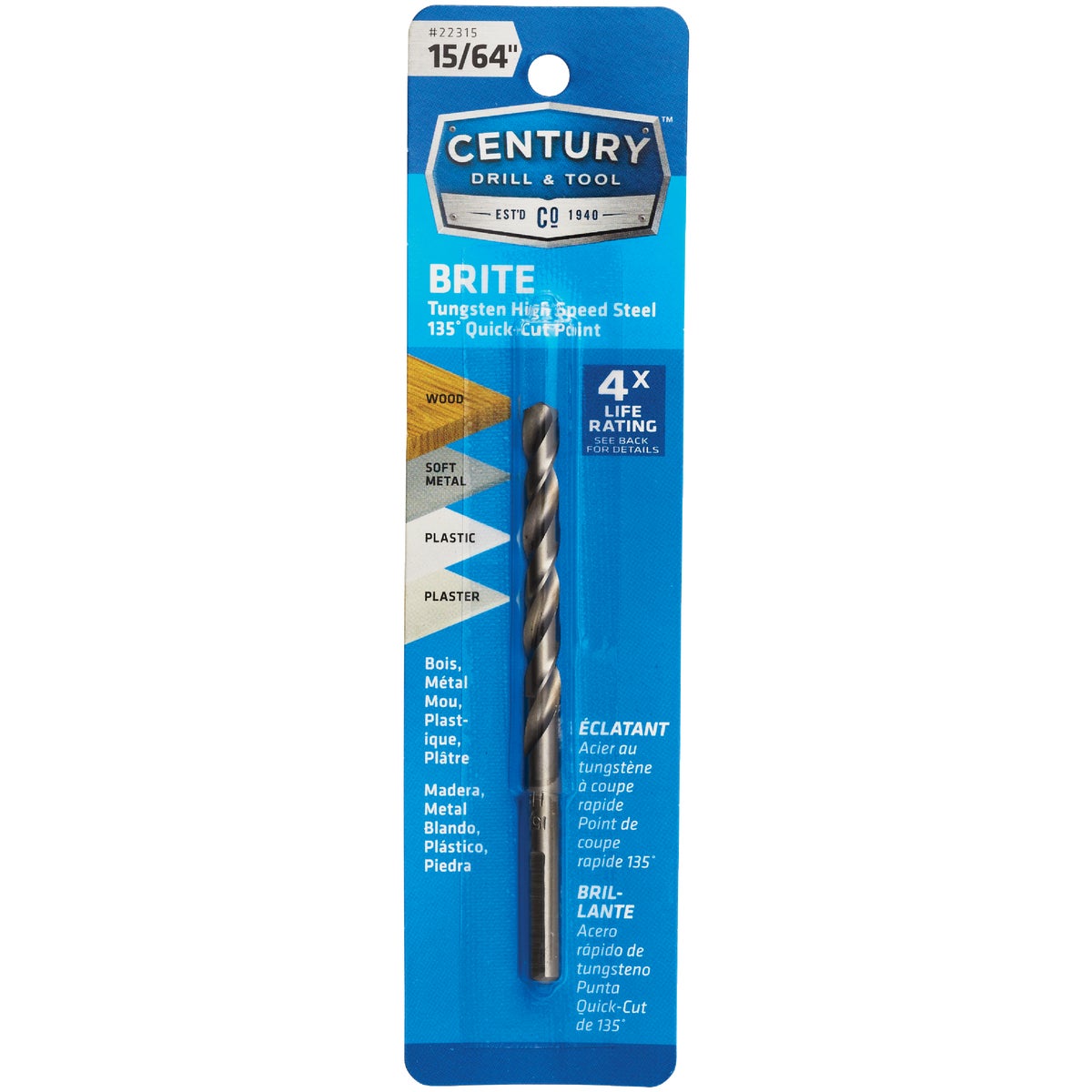 Century Drill & Tool 15/64 In. Tungsten High Speed Steel Quick-Cut Point Brite Drill Bit