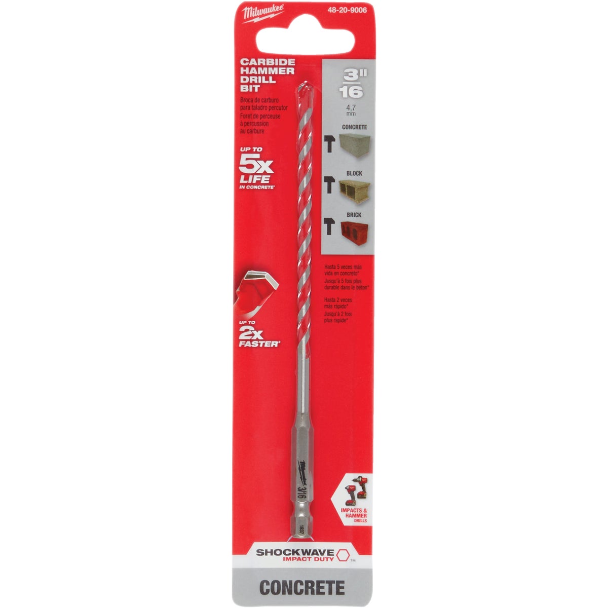 Milwaukee SHOCKWAVE 3/16 In. x 6 In. Impact Duty Masonry Carbide Hammer Drill Bit