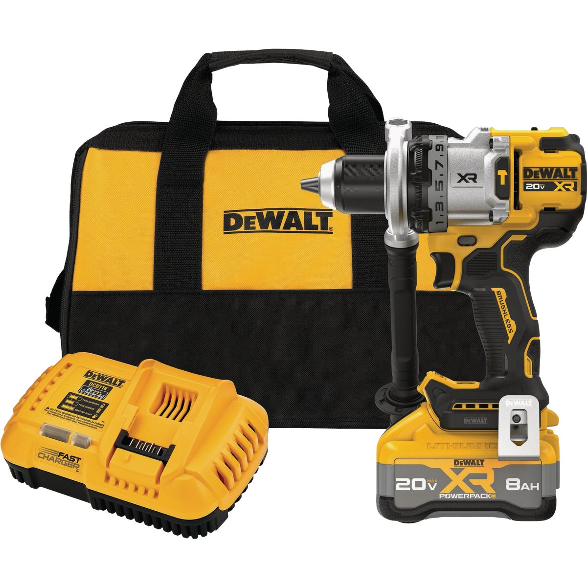 DEWALT 20V MAX XR Brushless 1/2 In. 3-Speed Cordless Hammer Drill Kit with 8.0 Ah Battery & Fast Charger