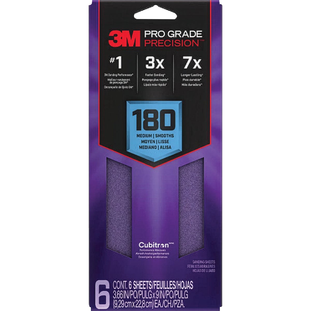 3M Pro Grade Precision 3-2/3 In. x 9 In. 180 Grit 1/3 Sheet Sandpaper with No-Slip Grip Backing (6-Pack)