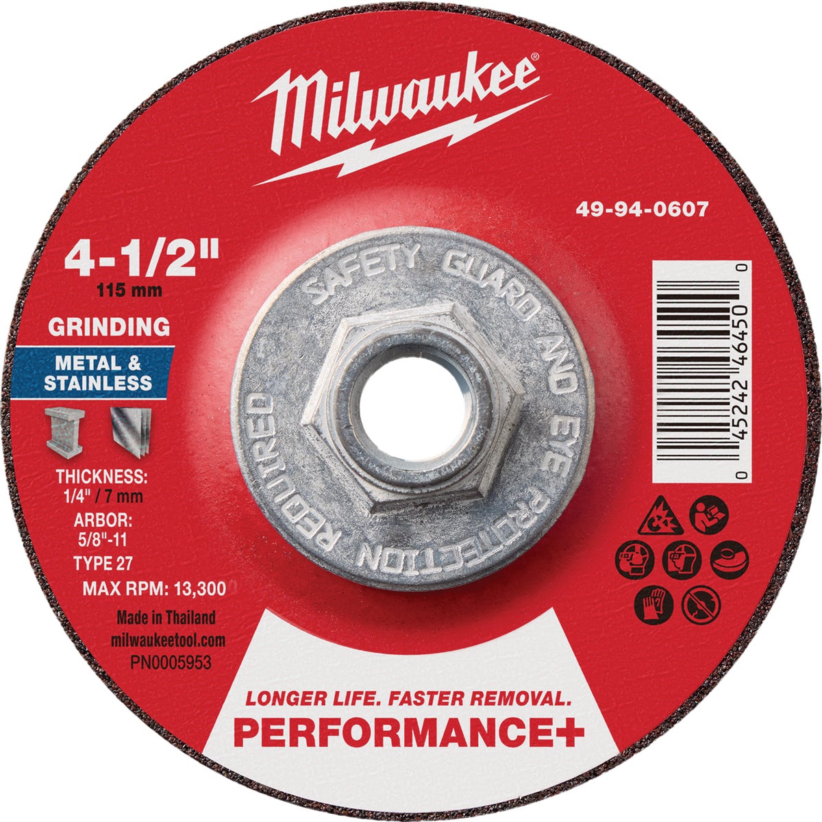 Milwaukee Type 27 4-1/2 In. x 1/4 In. x 5/8 In.-11 Performance-Plus Metal Grinding Cut-Off Wheel