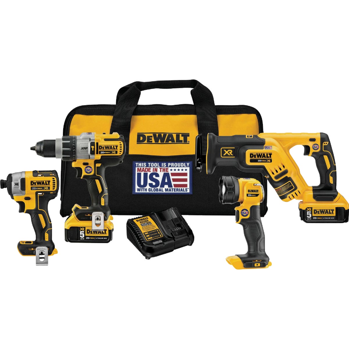 DEWALT 4-Tool 20V MAX XR Lithium-Ion Hammer Drill, Reciprocating Saw, Impact Driver & Work Light Cordless Tool Combo Kit