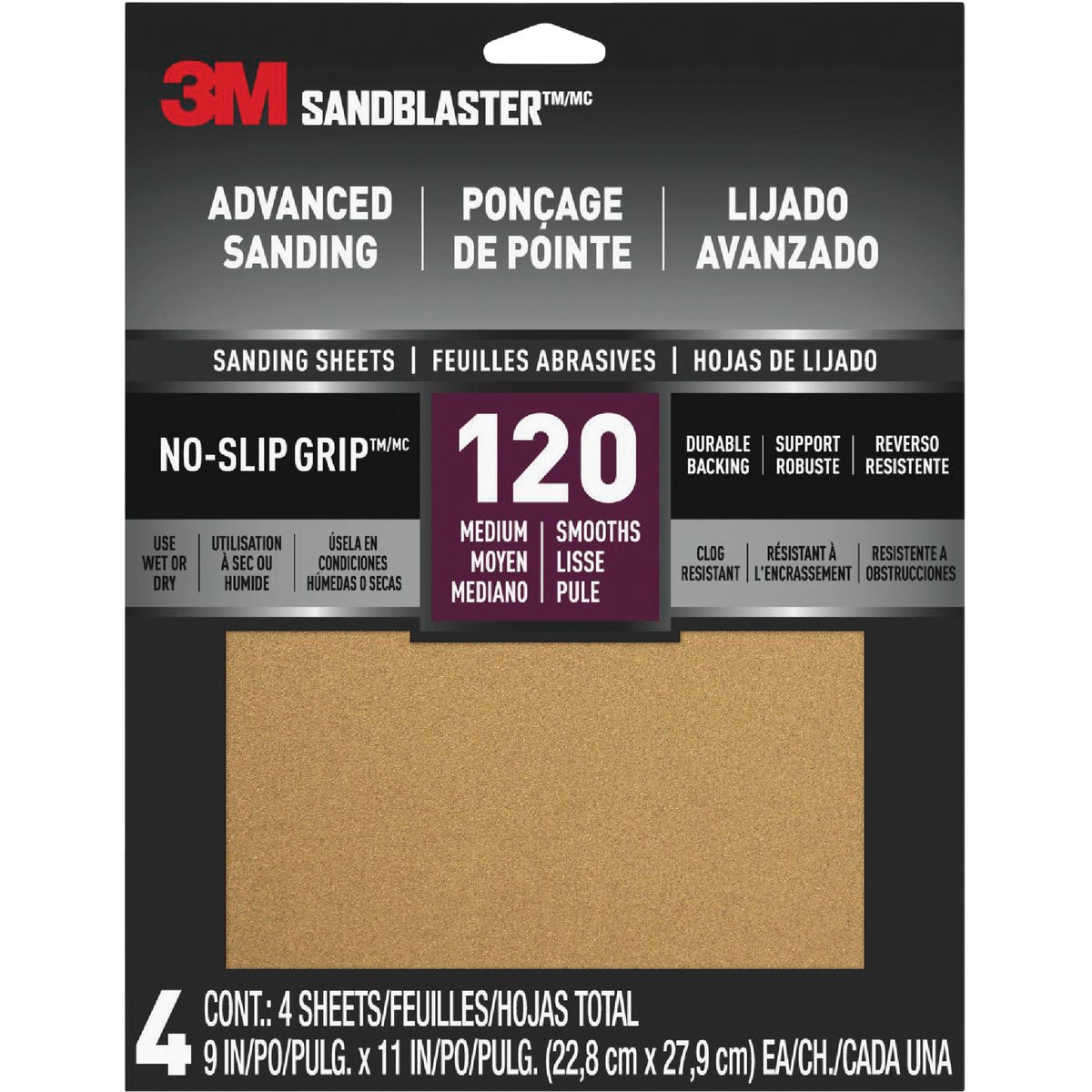 3M SandBlaster No Slip Grip Backing 9 In. x 11 In. 120 Grit Medium Sandpaper (4-Pack)