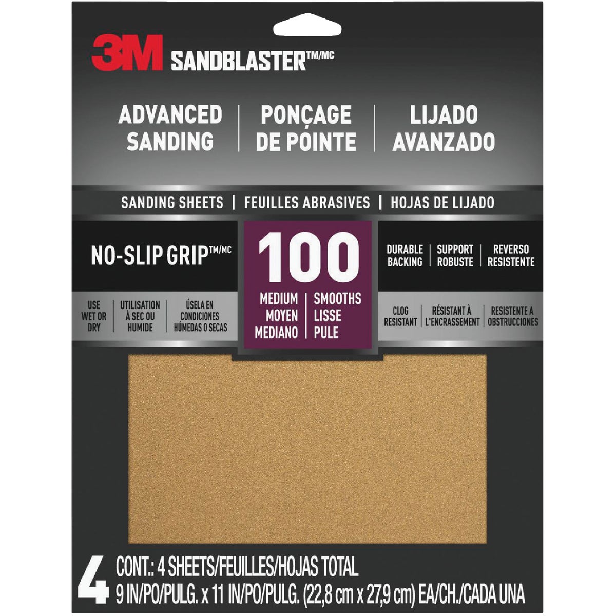 3M SandBlaster No Slip Grip Backing 9 In. x 11 In. 100 Grit Medium Sandpaper (4-Pack)