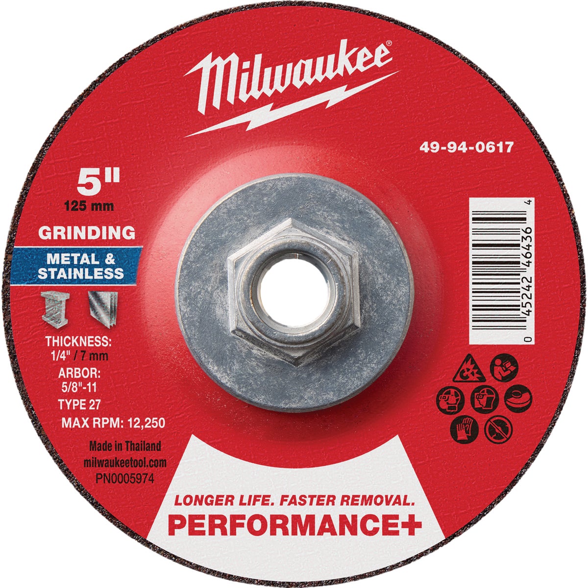 Milwaukee Type 27  5 In. x 1/4 In. x 5/8 In.-11 Performance-Plus Metal Grinding Cut-Off Wheel
