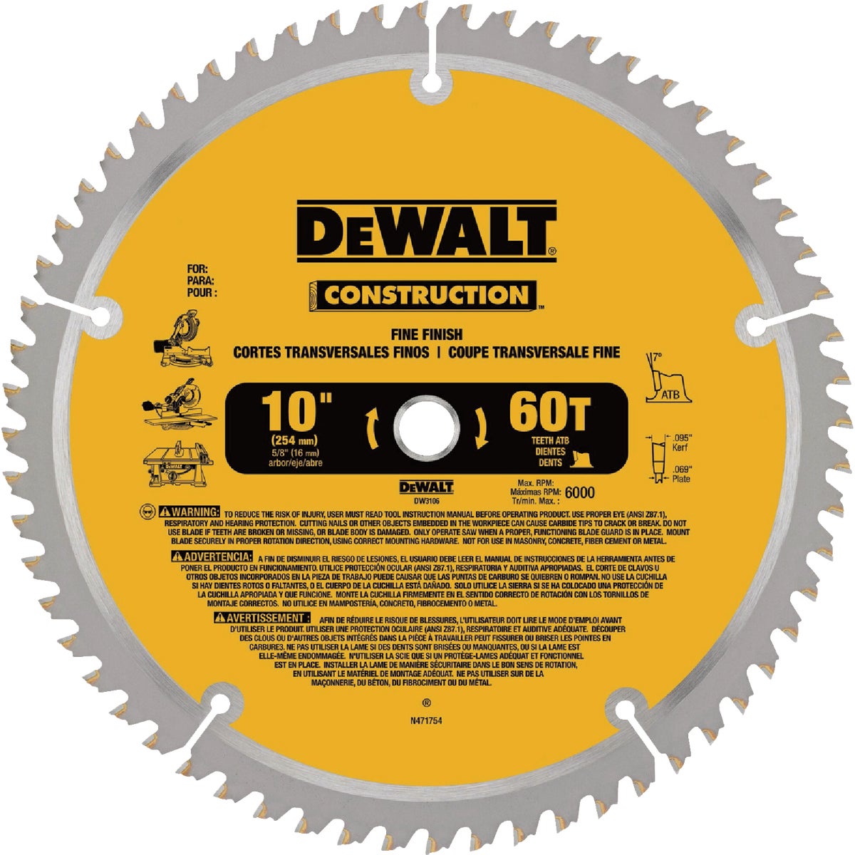 DEWALT 10 In. 60-Tooth Construction Circular Saw Blade