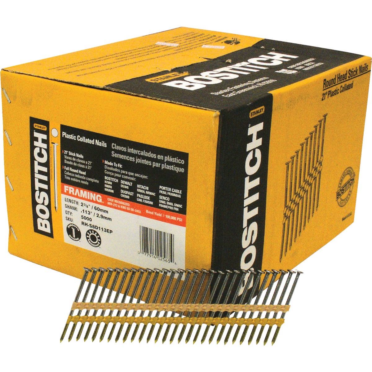 Bostitch 21 Degree Plastic Strip Coated Full Round Head Framing Stick Nails, 2-3/8 In. x .113 In. (5000 Ct.)