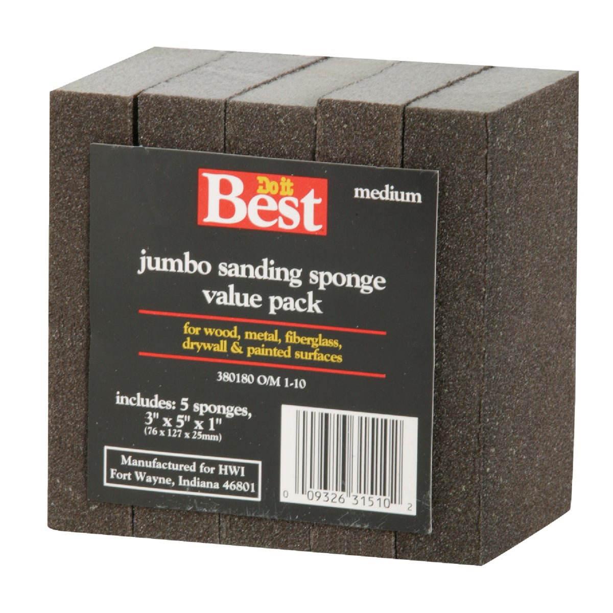 Do it Best Jumbo All-Purpose 3 In. x 5 In. x 1 In. 80 Grit Medium Sanding Sponge (5-Pack)