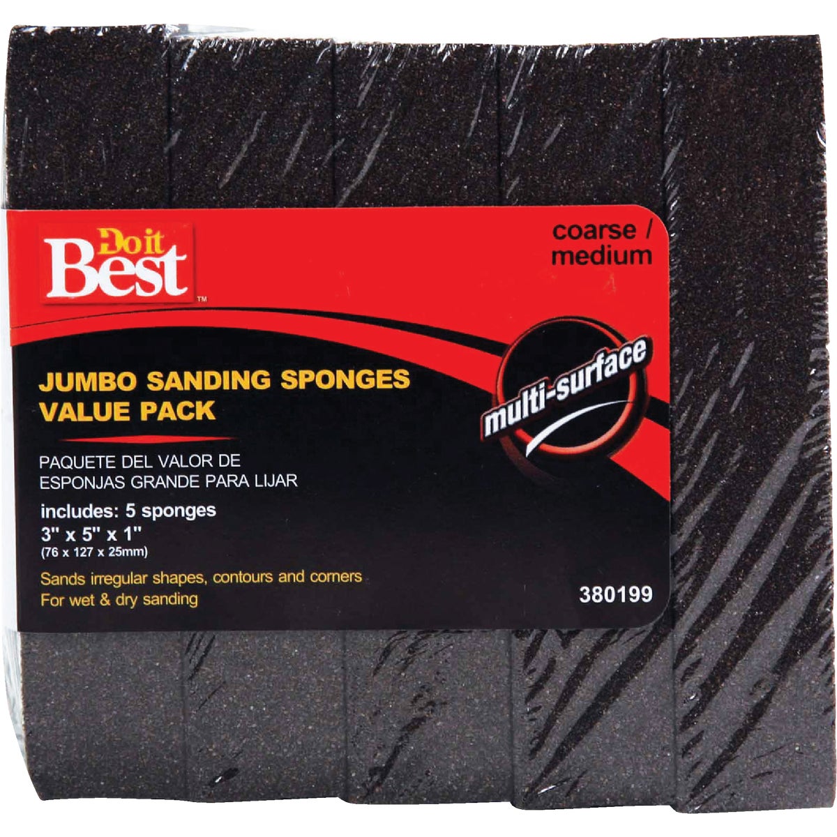 Do it Best Jumbo 3 In. x 5 In. x 1 In. Medium/Coarse Sanding Sponge (5-Pack)