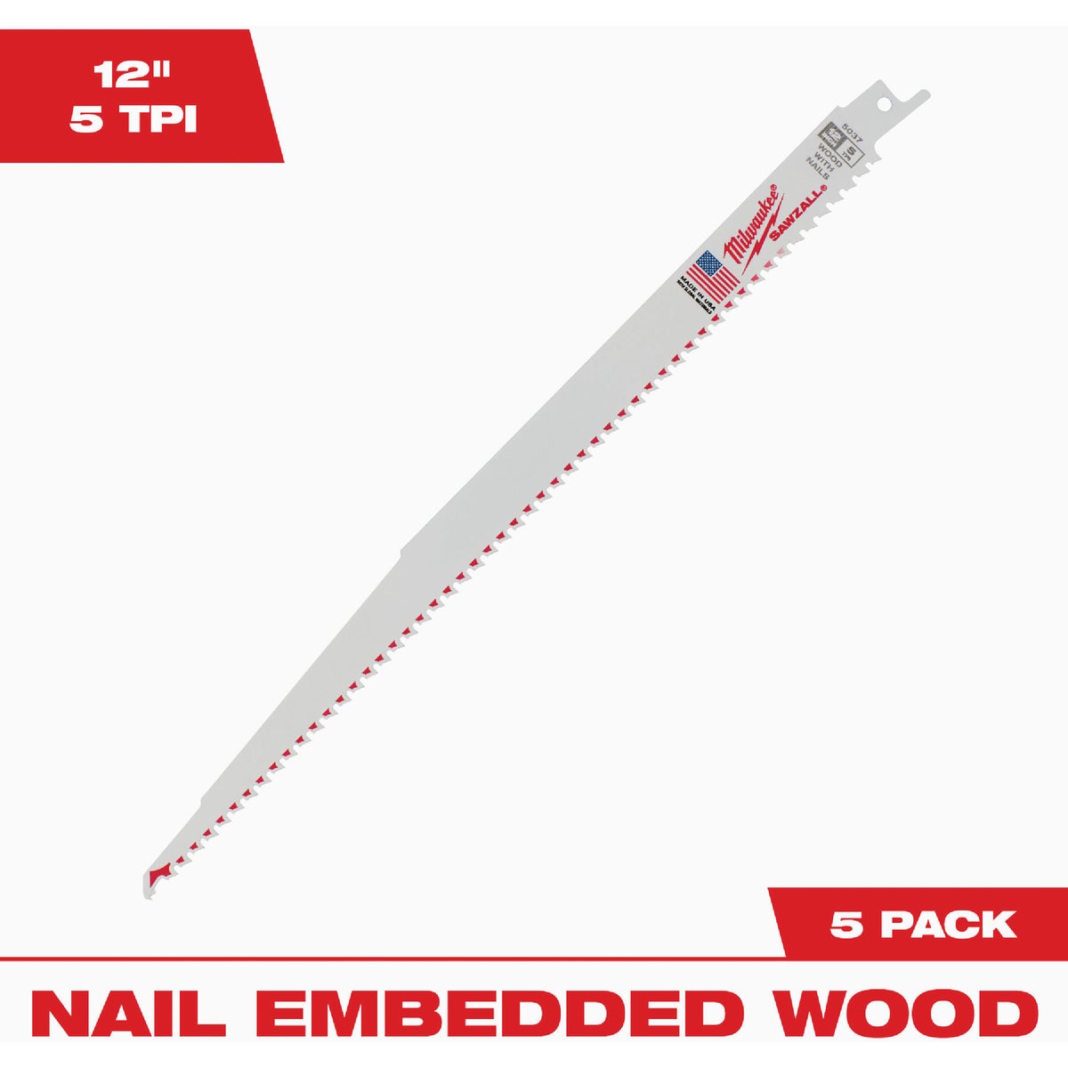 Milwaukee SAWZALL 12 In. 5 TPI Wood w/Nails Reciprocating Saw Blade (5-Pack)