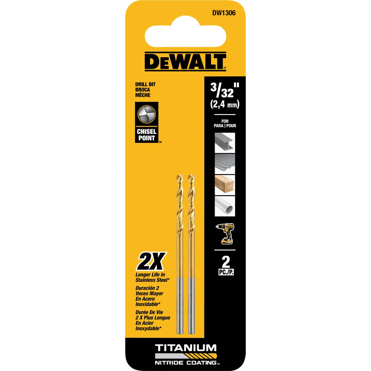 Dewalt 3/32 In. Titanium Nitride Coated HSS Jobber Length Twist Drill Bit (2-Pack)