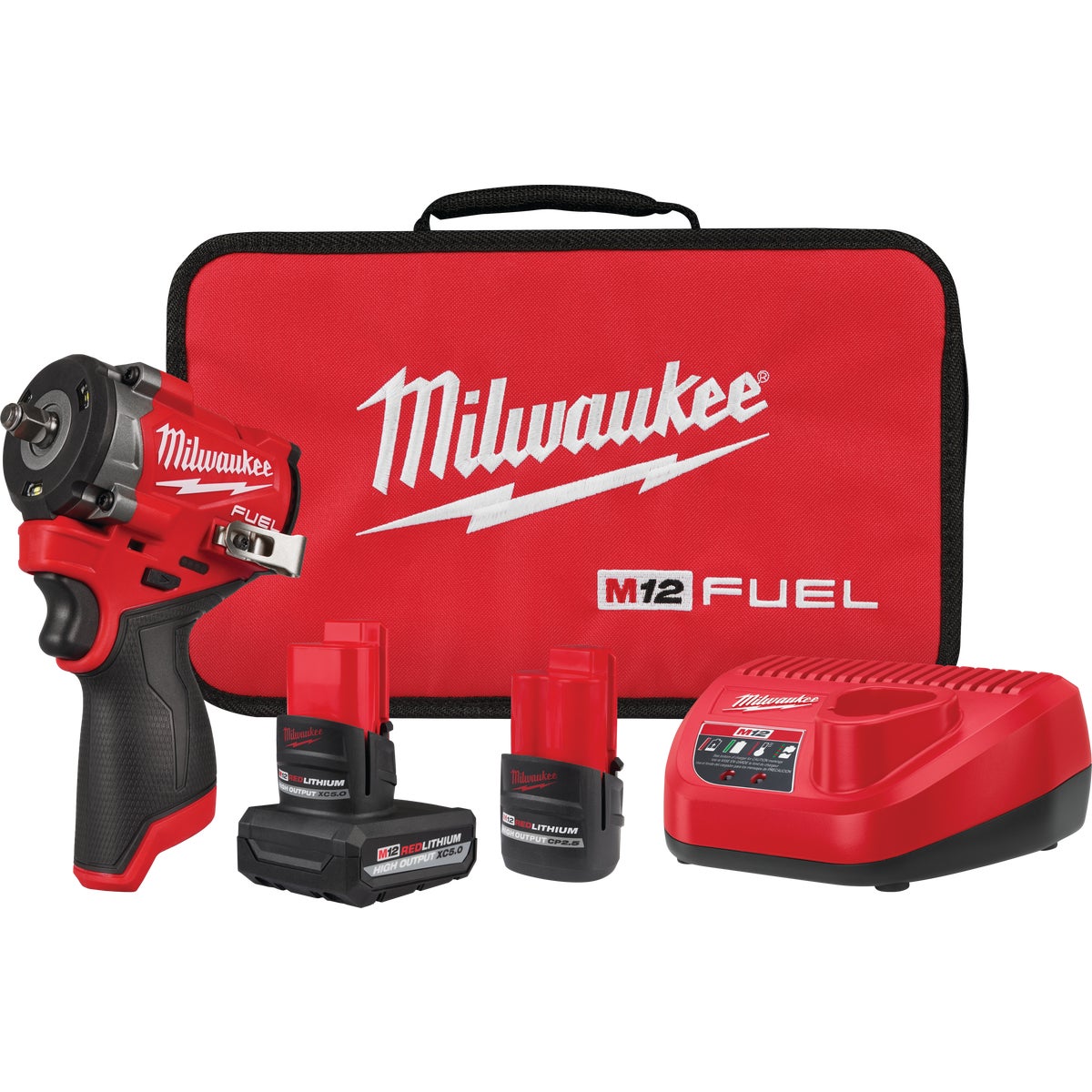 Milwaukee M12 FUEL Brushless 3/8 In. Stubby Cordless Impact Wrench Kit with 5.0 Ah & 2.5 Ah Batteries & Charger