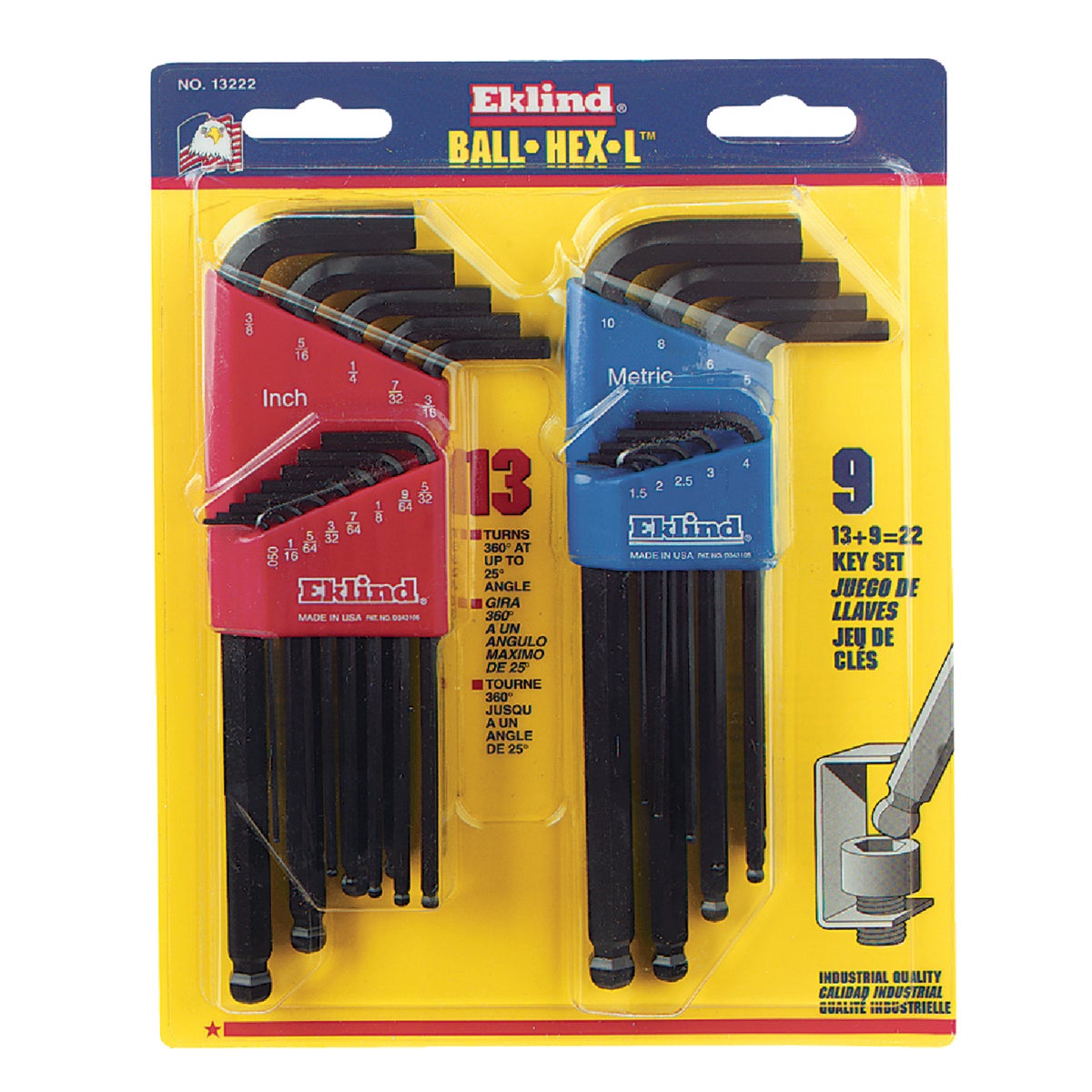 Eklind Standard and Metric Ball-End Hex Key Wrench Set, 22-Piece