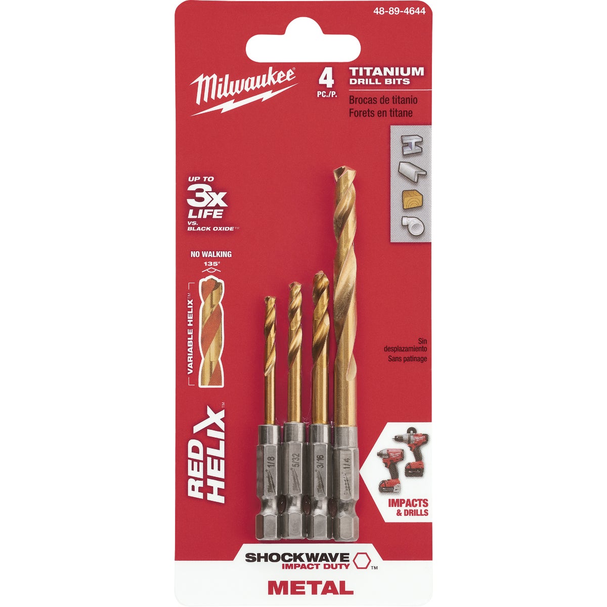 Milwaukee SHOCKWAVE 4-Piece Impact Duty Titanium Hex Shank Drill Bit Set, 1/8 In. thru 1/4 In.