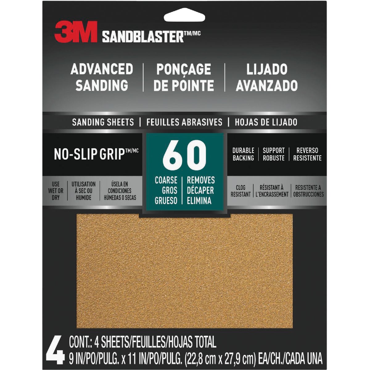 3M SandBlaster No Slip Grip Backing 9 In. x 11 In. 60 Grit Coarse Sandpaper (4-Pack)
