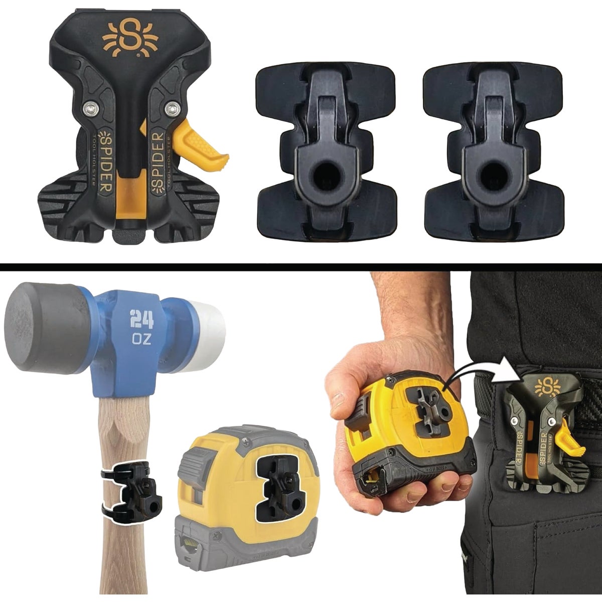 Spider Tool Holster Pro Tape Measure with 3-Piece Hammer Holster Kit
