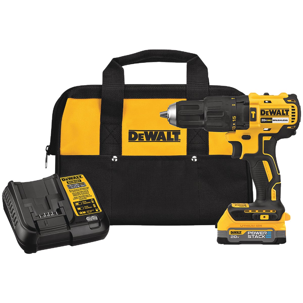 DEWALT 20-Volt MAX Lithium-Ion Brushless 1/2 In. Compact Cordless Hammer Drill Kit with POWERSTACK Battery
