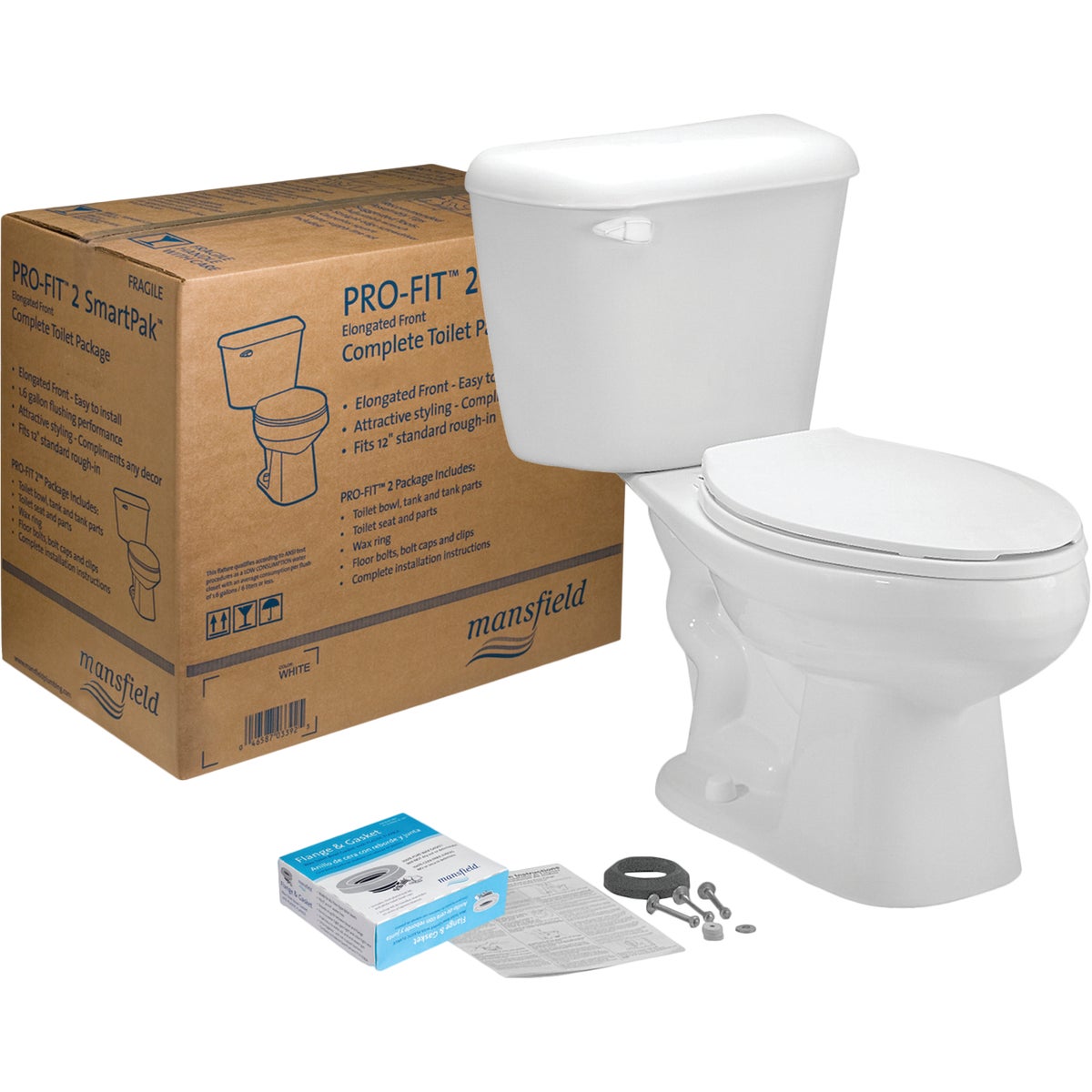 Mansfield Pro-Fit 2-128 White Elongated Bowl 1.28 GPF Complete Toilet