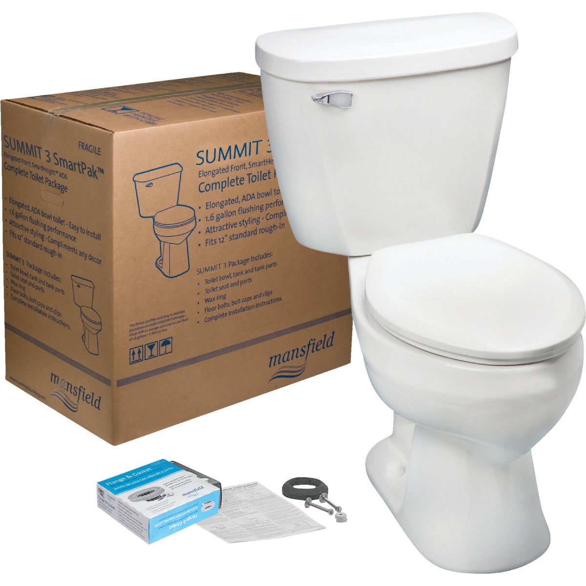 Mansfield Summit SmartHeight White Elongated Bowl 1.28 GPF Complete Toilet