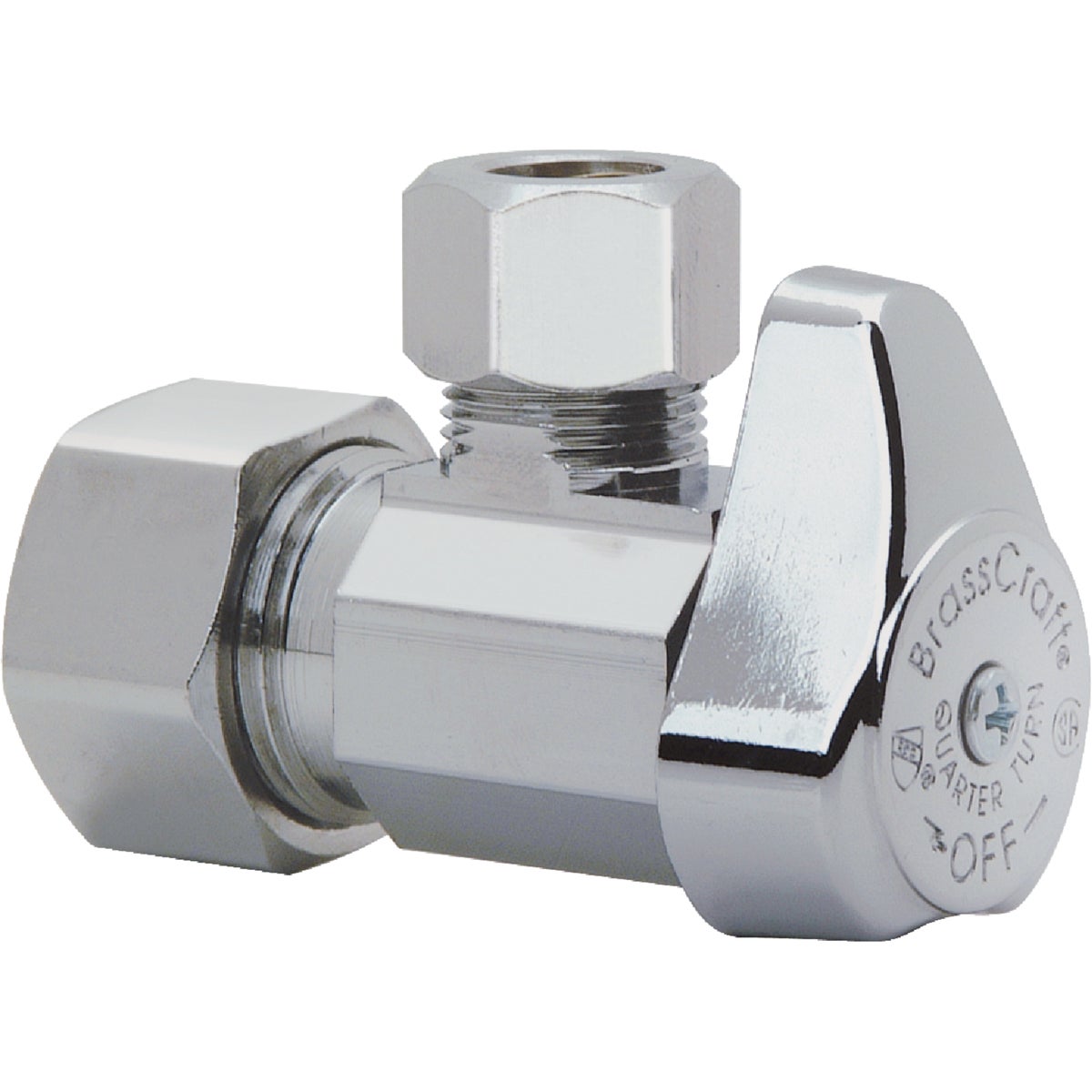 BrassCraft 5/8 In. OD x 3/8 In. OD Compression Chrome-Plated Brass 1/4-Turn Shut-Off Angle Valve