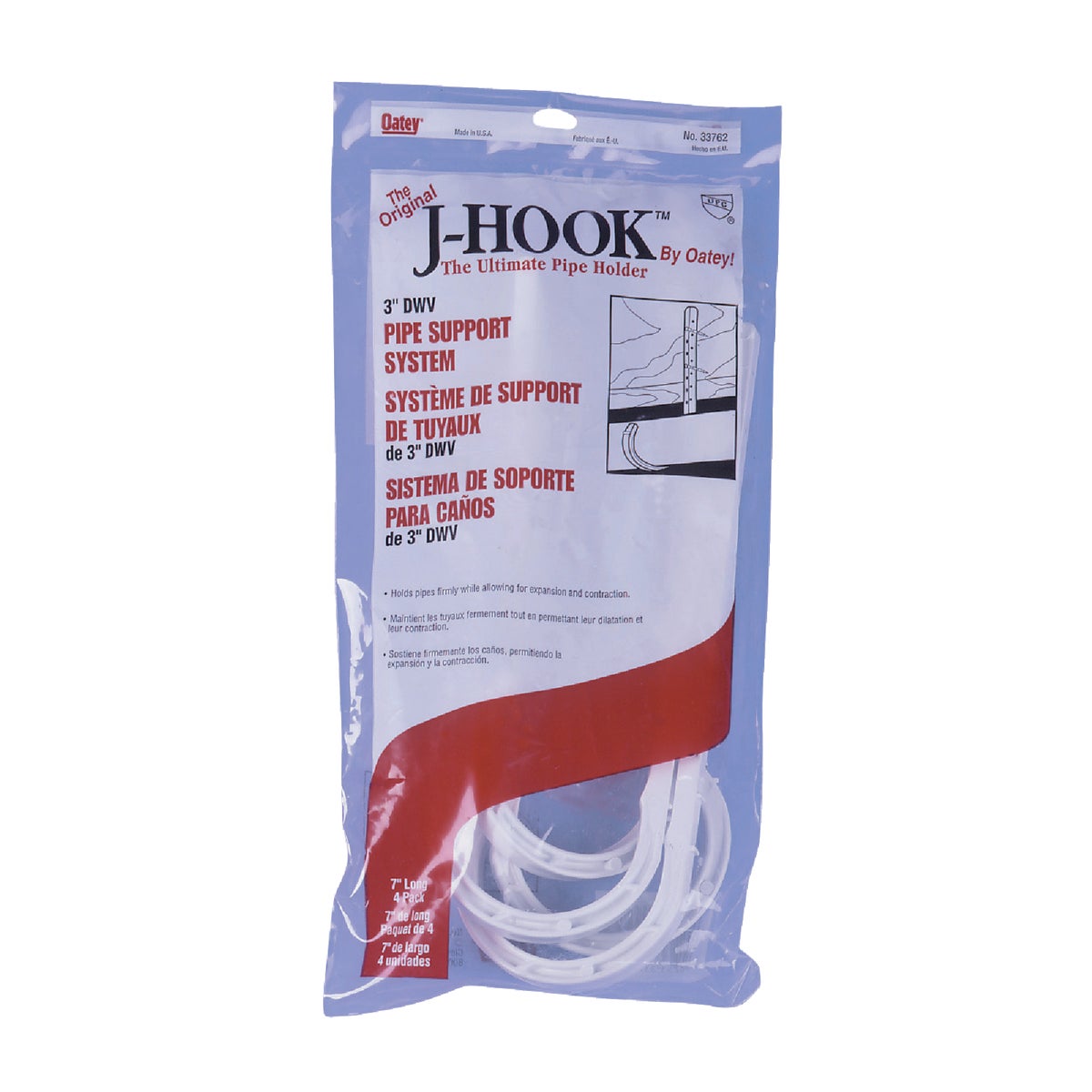 Oatey 3 In. x 7-1/2 In. ABS J-Hook Pipe Hook (4-Pack)