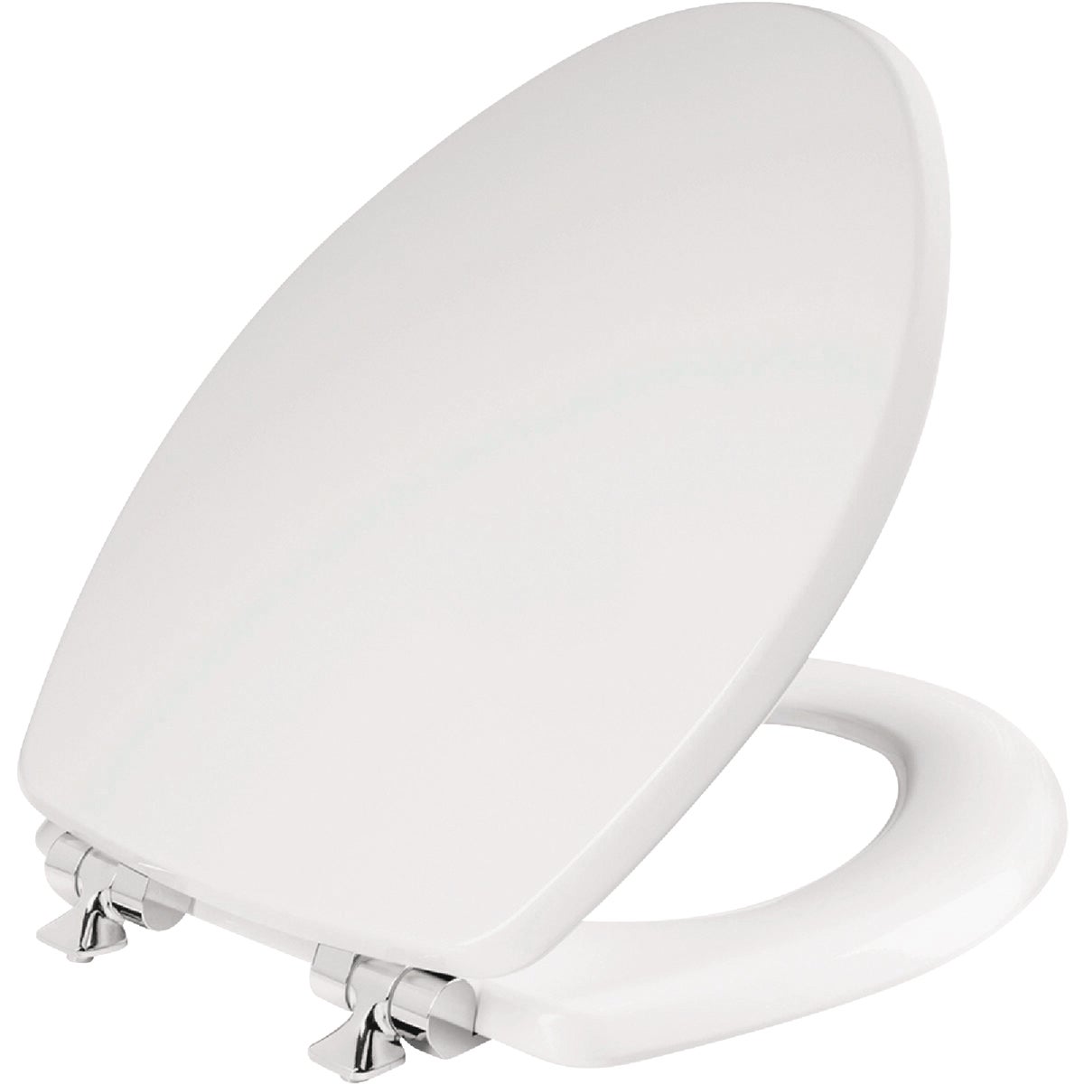 Mayfair Benton Elongated White Enameled Wood Toilet Seat with Slow Close Chrome Metal Hinge