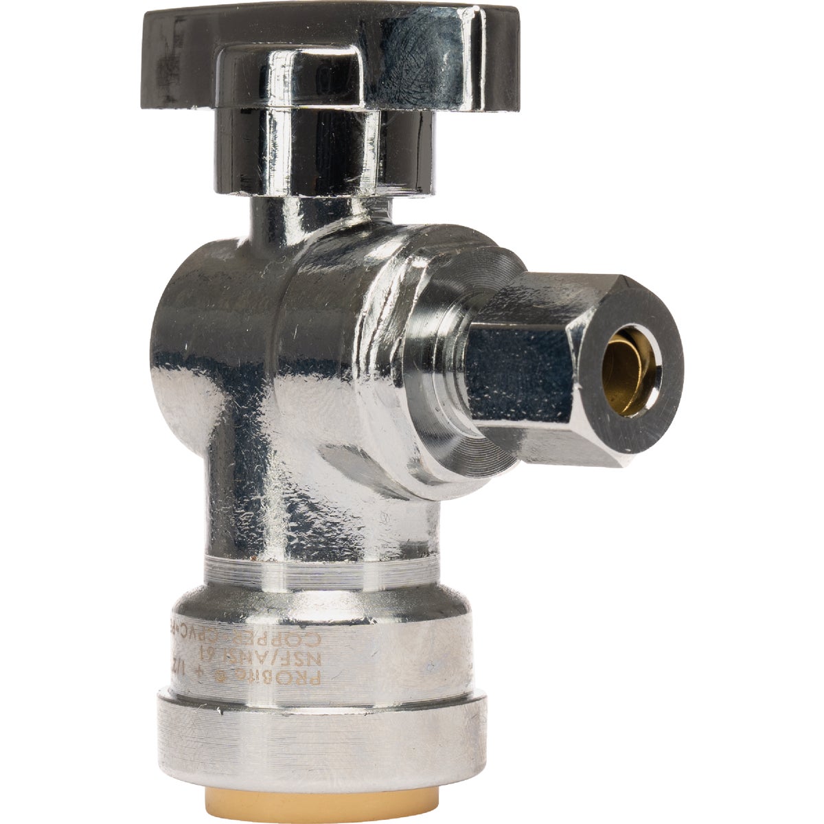 QuickFitting 1/2 In. Push-to-Connect x 1/4 In. O.D. Compression Chrome Plated Brass Quarter-Turn Angle Stop Valve