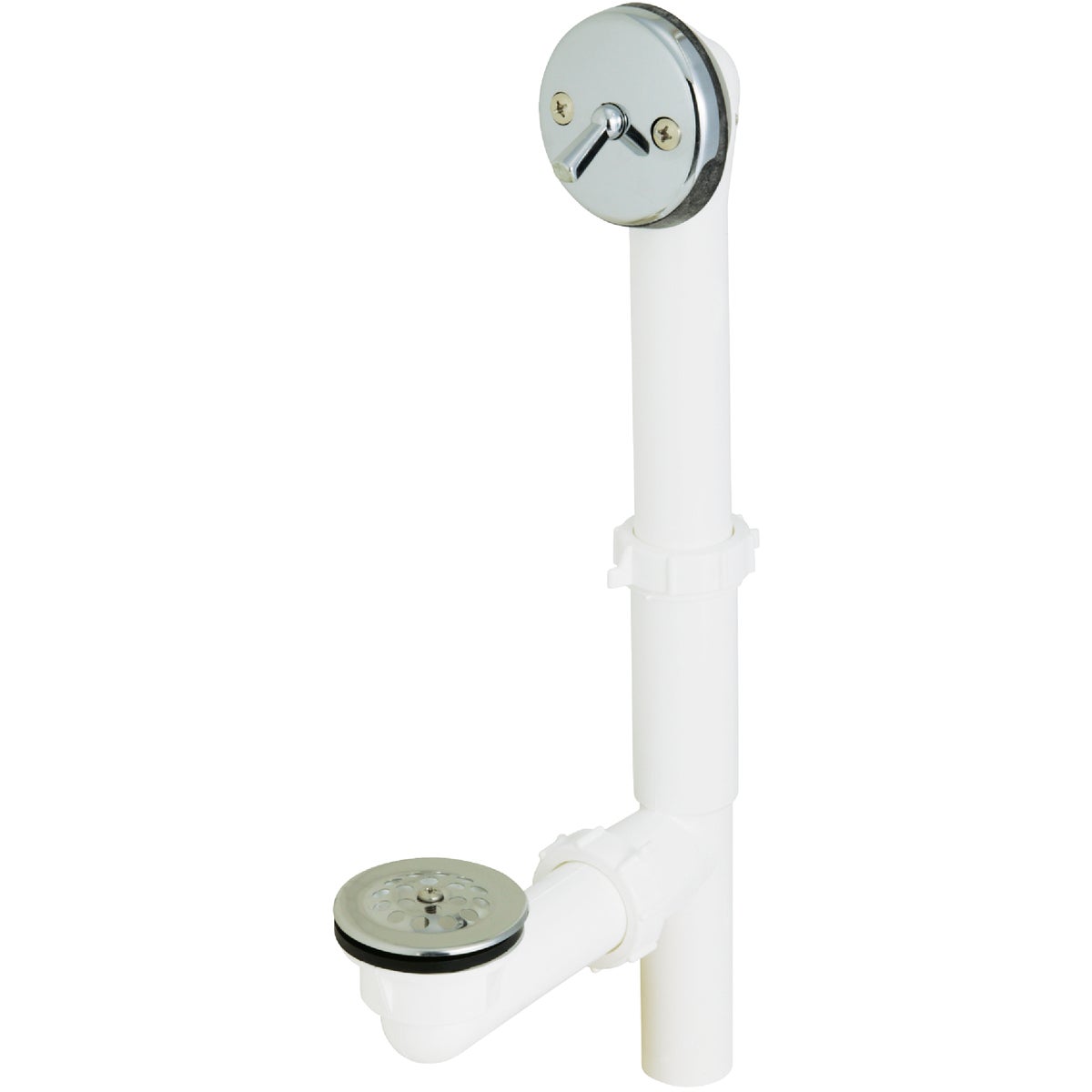 Keeney White Plastic Trip Lever Bath Drain with Polished Chrome Trim and Strainer & Dome Grid
