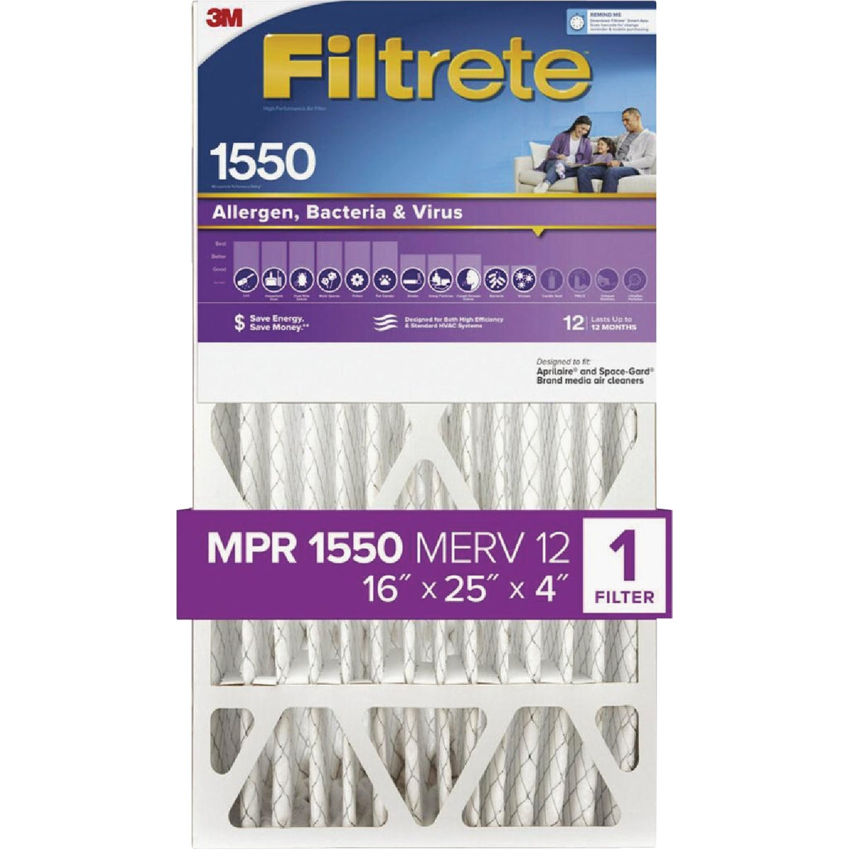 3M Filtrete 16 In. x 25 In. x 4 In. Allergen, Bacteria & Virus 1550 MPR Deep Pleat Furnace Filter