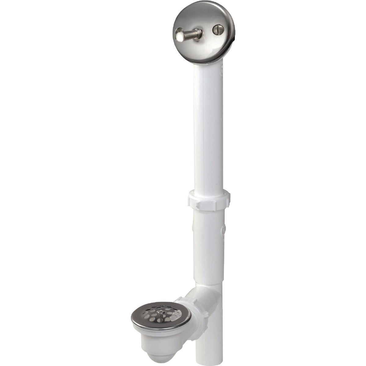 Keeney White Plastic Trip Lever Bath Drain with Brushed Nickel Trim and Strainer & Dome Grid