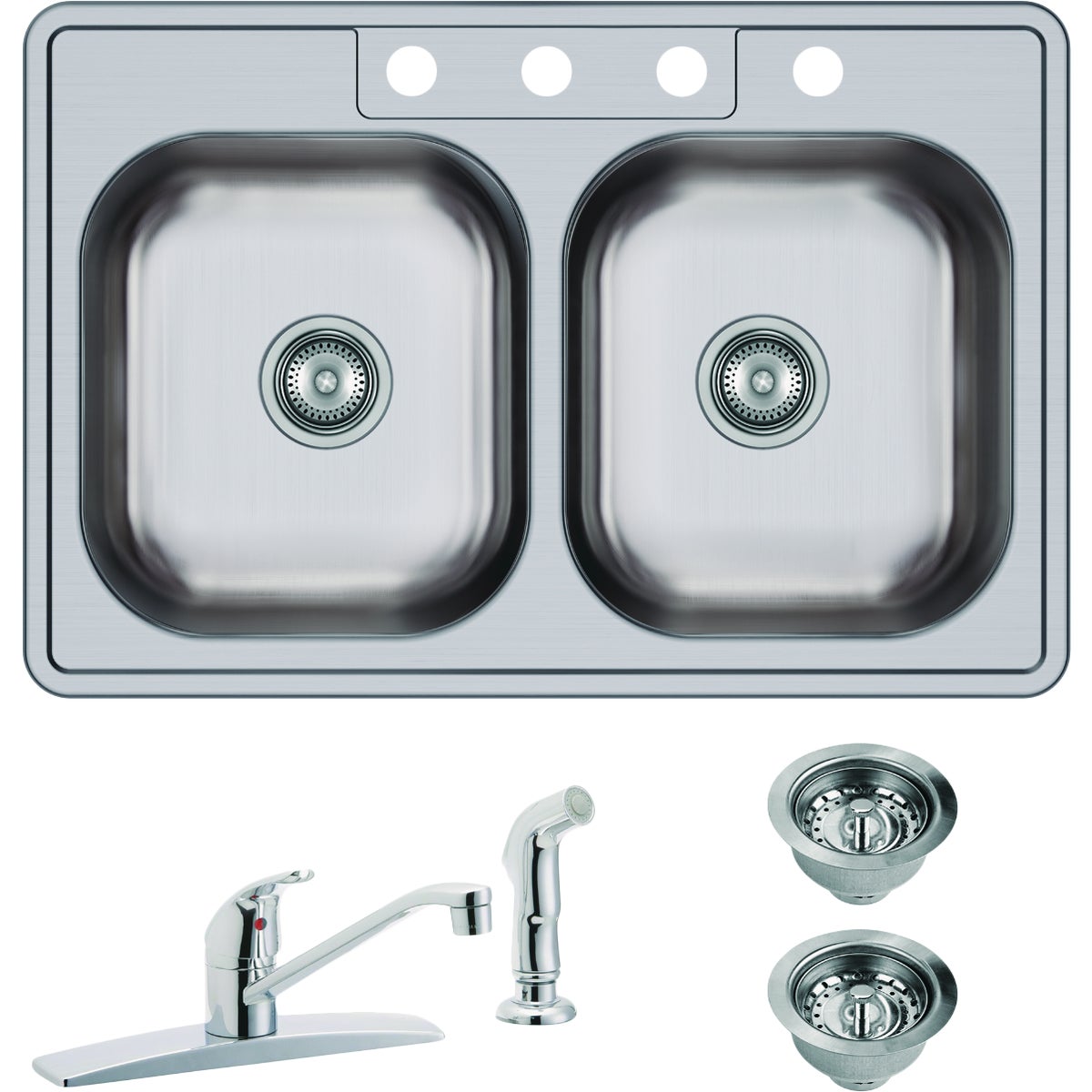 Elkay Dayton Double Bowl 33 In. x 22 In. x 7-1/16 In. Deep Stainless Steel Kitchen Sink and Faucet Kit, Top Mount 