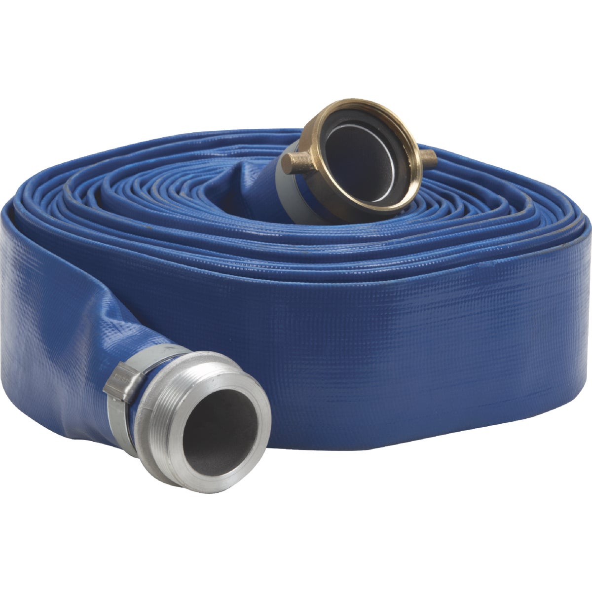 Apache 2 In. x 50 Ft. Blue Reinforced PVC Lay Flat Discharge Hose with Male/Female Connections