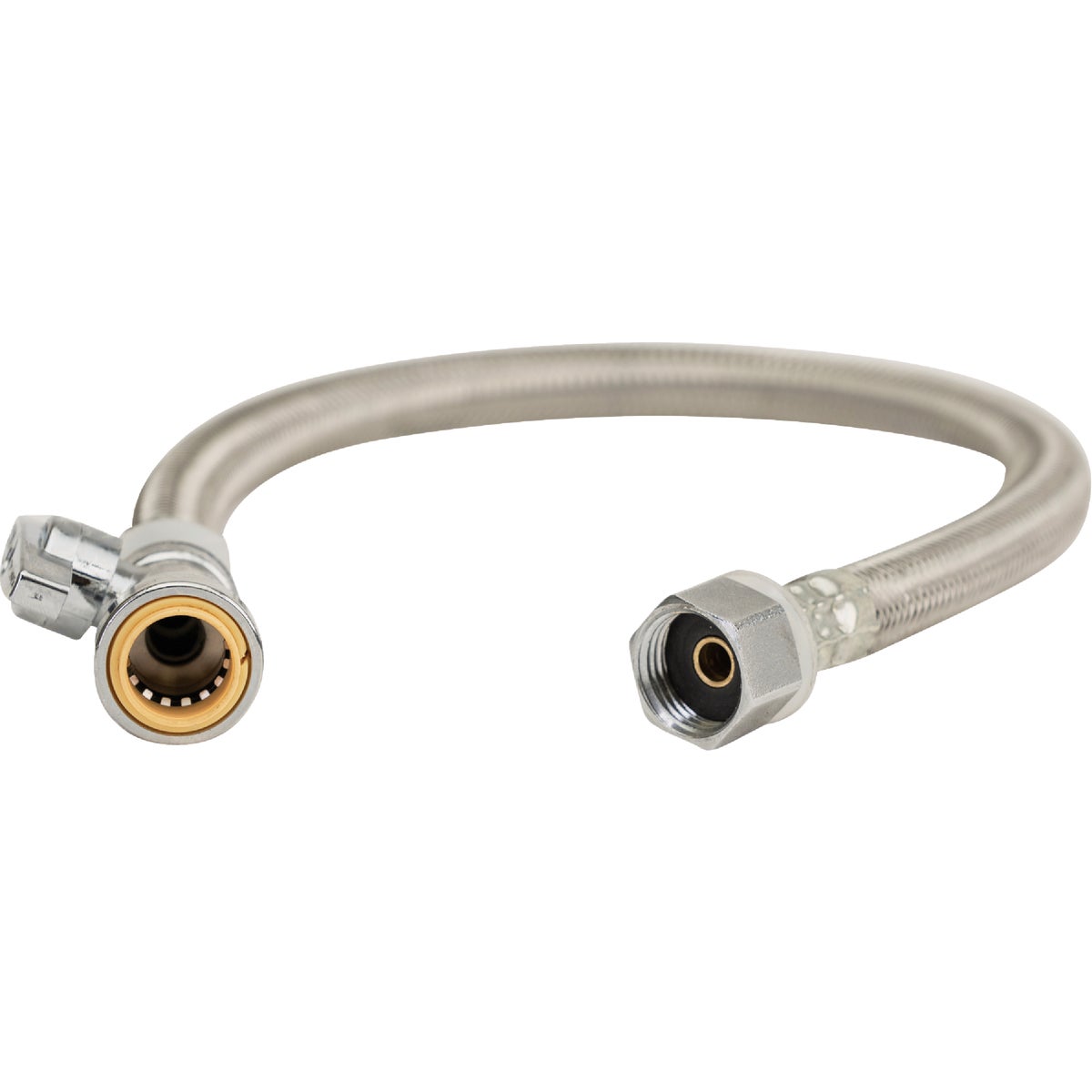 QuickFitting 1/2 In. Push-to-Connect Straight Stop Valve x 1/2 In. FIP x 18 In. Braided Stainless Steel Faucet Connector Hose