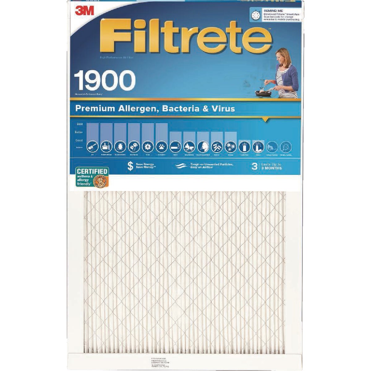 Filtrete 20 In. x 20 In. x 1 In. 1900 MPR Premium Allergen, Bacteria & Virus Furnace Filter, MERV 13