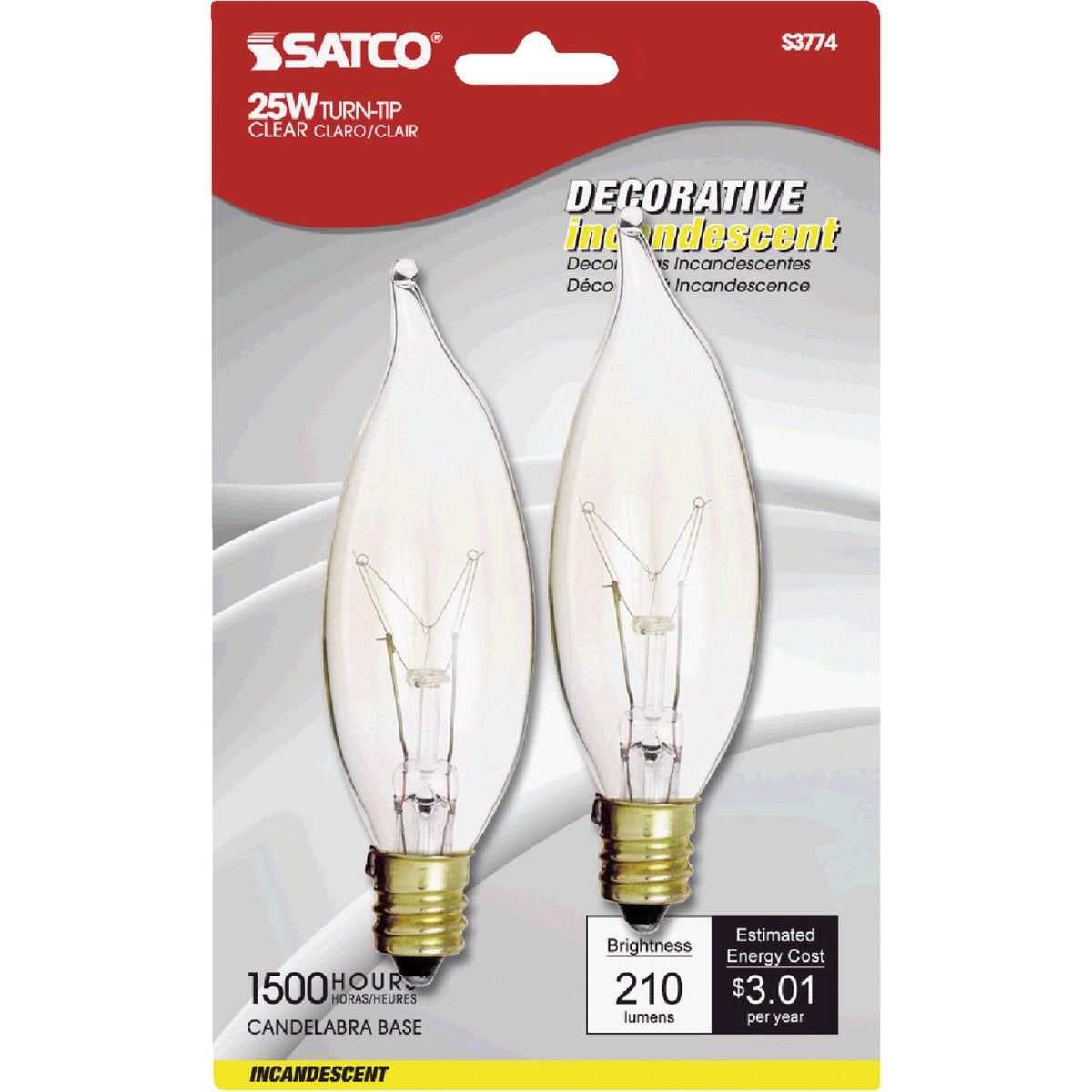 Satco 25W Clear Candelabra CA8 Incandescent Turn Tip Light Bulb (2-Pack)