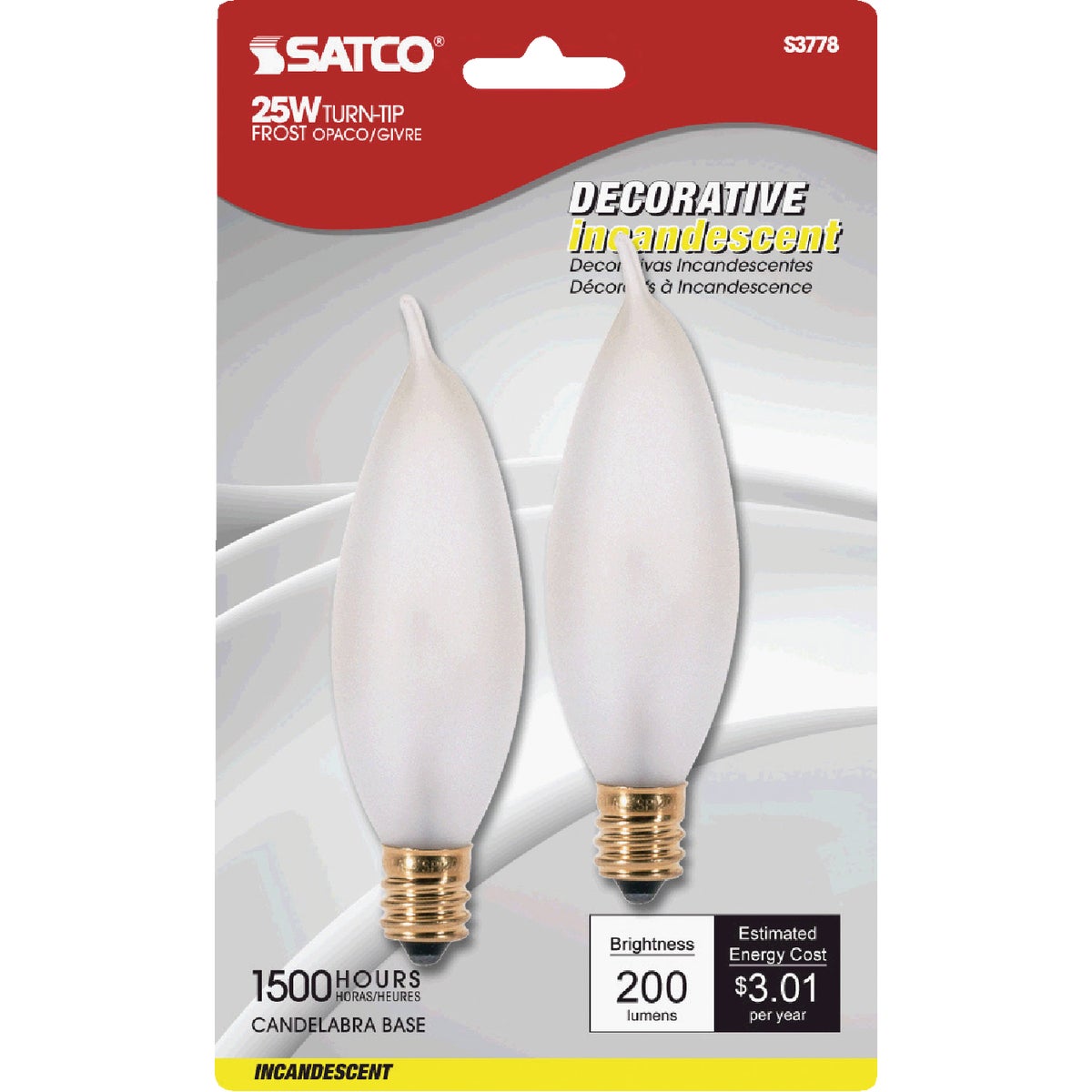 Satco 25W Frosted Soft White Candelabra CA8 Incandescent Turn Tip Light Bulb (2-Pack)
