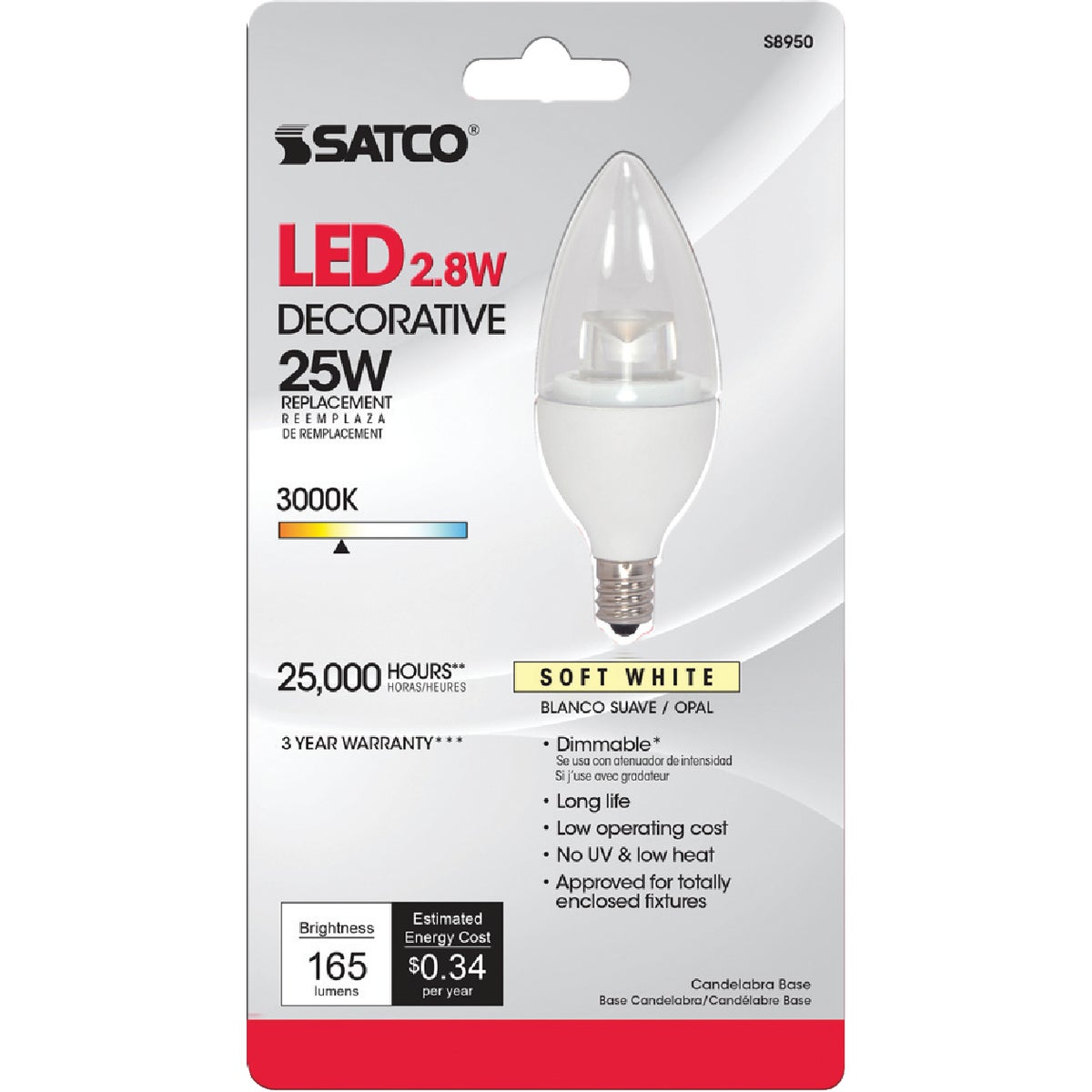 Satco 40W Equivalent Soft White B11 Candelabra LED Decorative Light Bulb