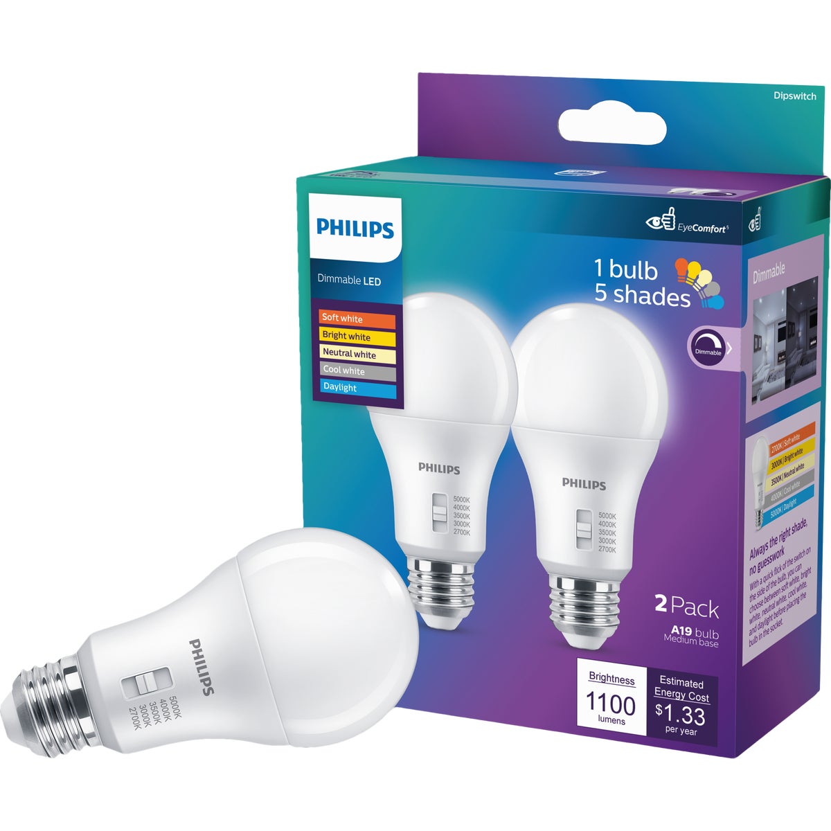 Philips 75W Equivalent 5 CCT A19 Medium Dimmable LED Light Bulb (2-Pack)