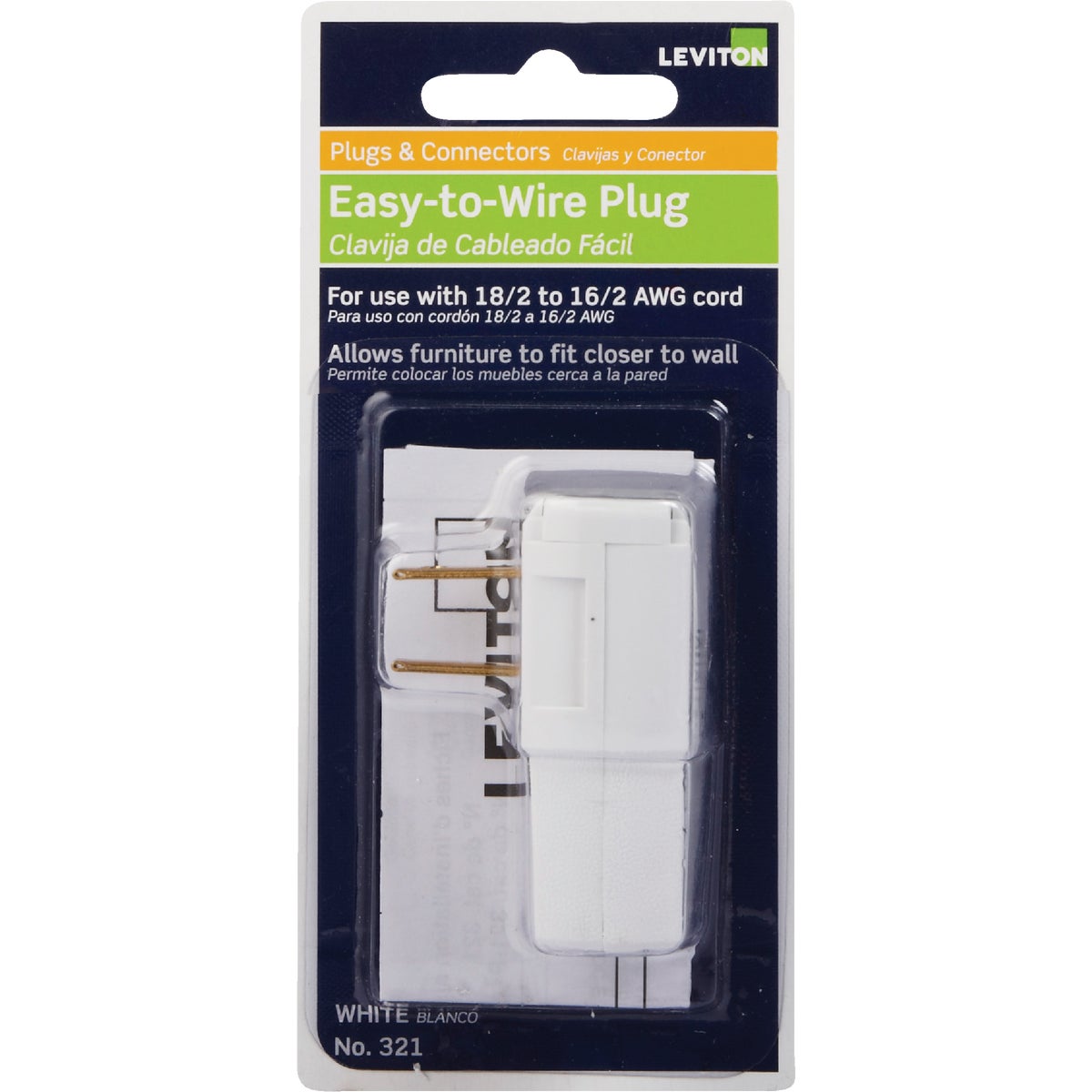 Leviton 15A 125V 2-Wire 2-Pole Easy Wire Cord Plug, White