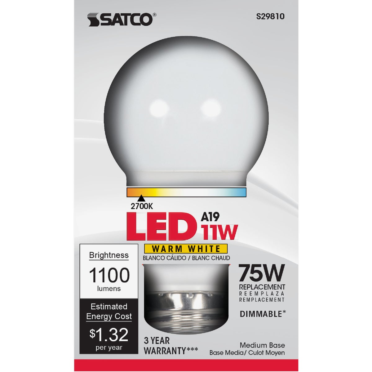 Satco 75W Equivalent Warm White A19 Medium Dimmable LED Light Bulb