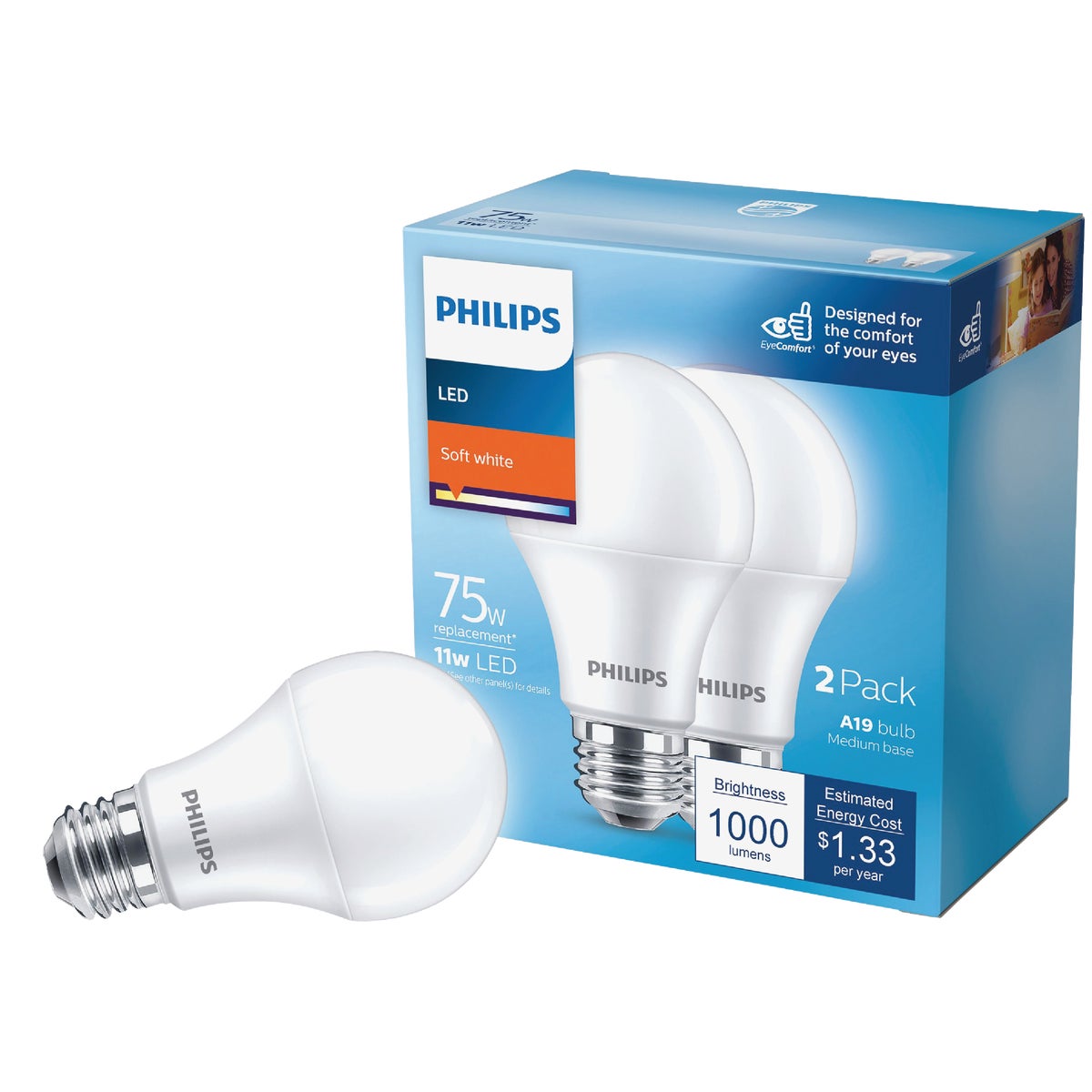 Philips 75W Equivalent Soft White A19 Medium LED Light Bulb (2-Pack)