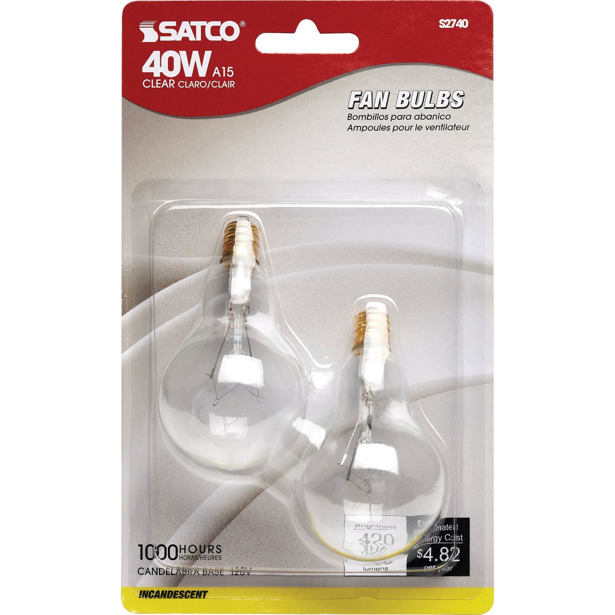 Satco 40W Clear Candelabra A15 Incandescent Ceiling Fan Light Bulb (2-Pack)