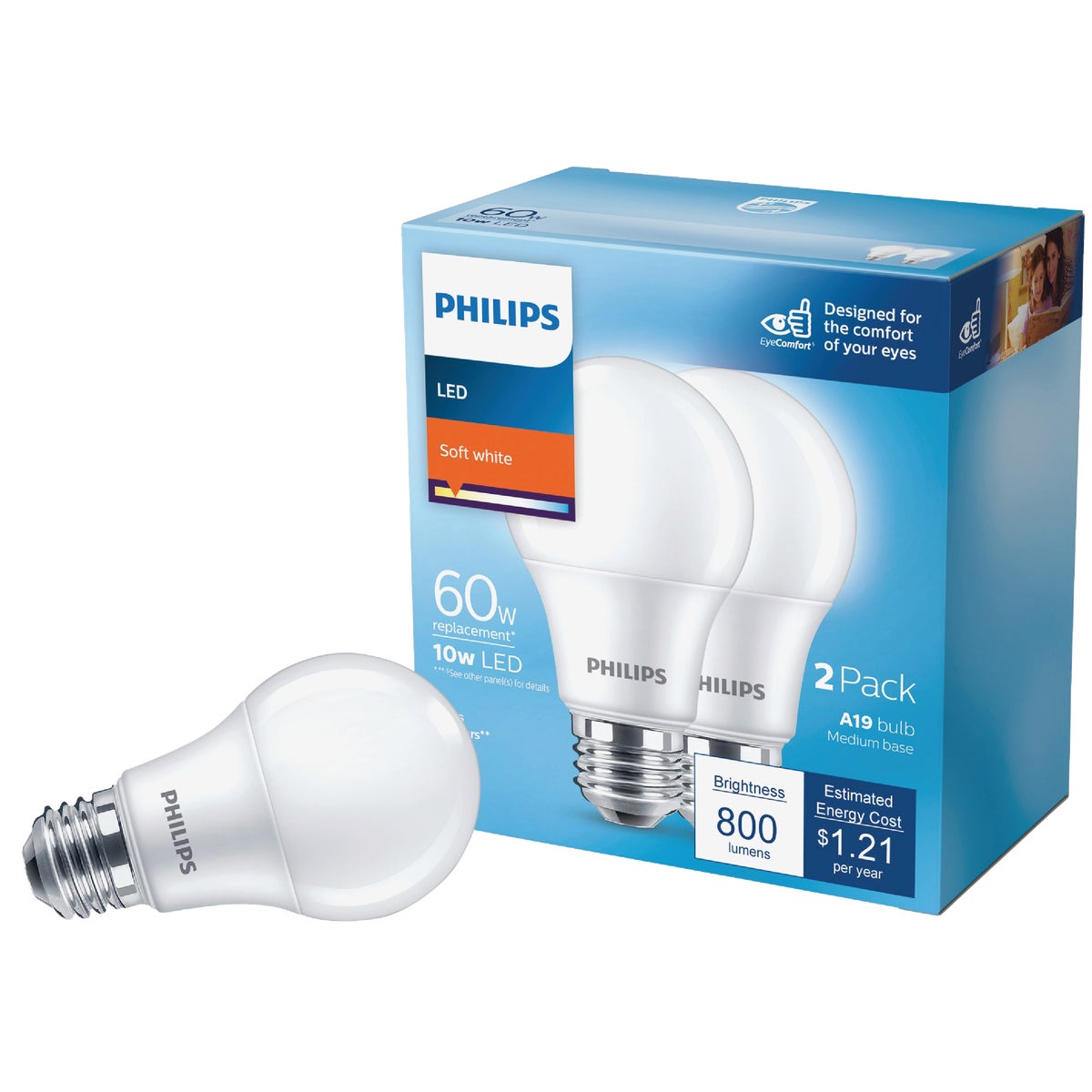Philips 60W Equivalent Soft White A19 Medium LED Light Bulb (2-Pack)