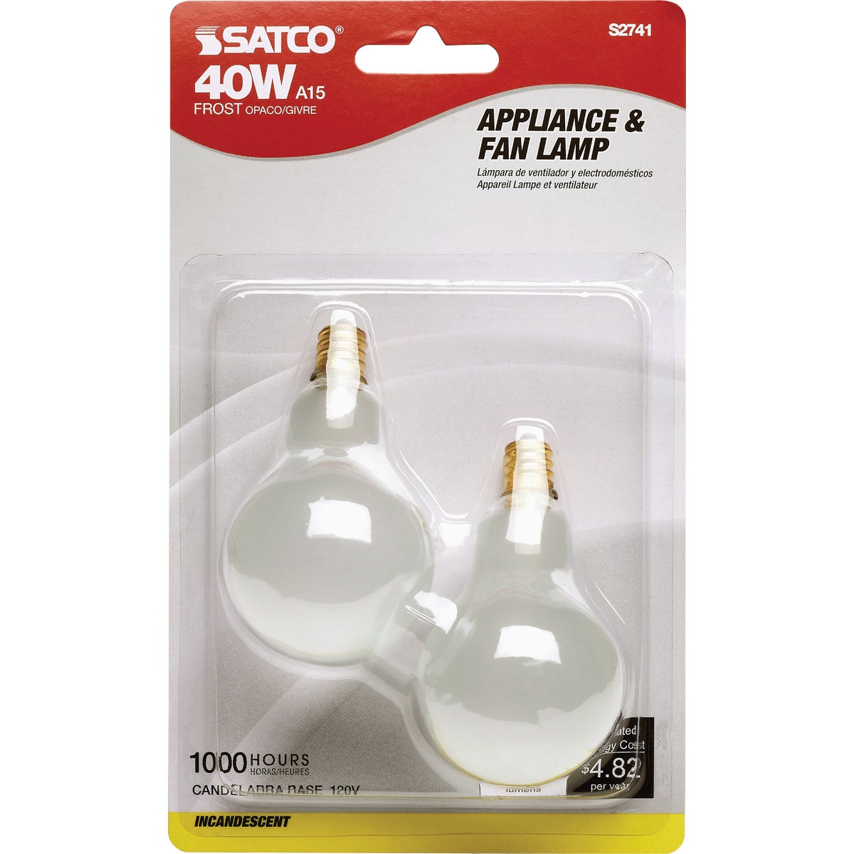 Satco 40W Frosted Soft White Candelabra A15 Incandescent Ceiling Fan Light Bulb (2-Pack)